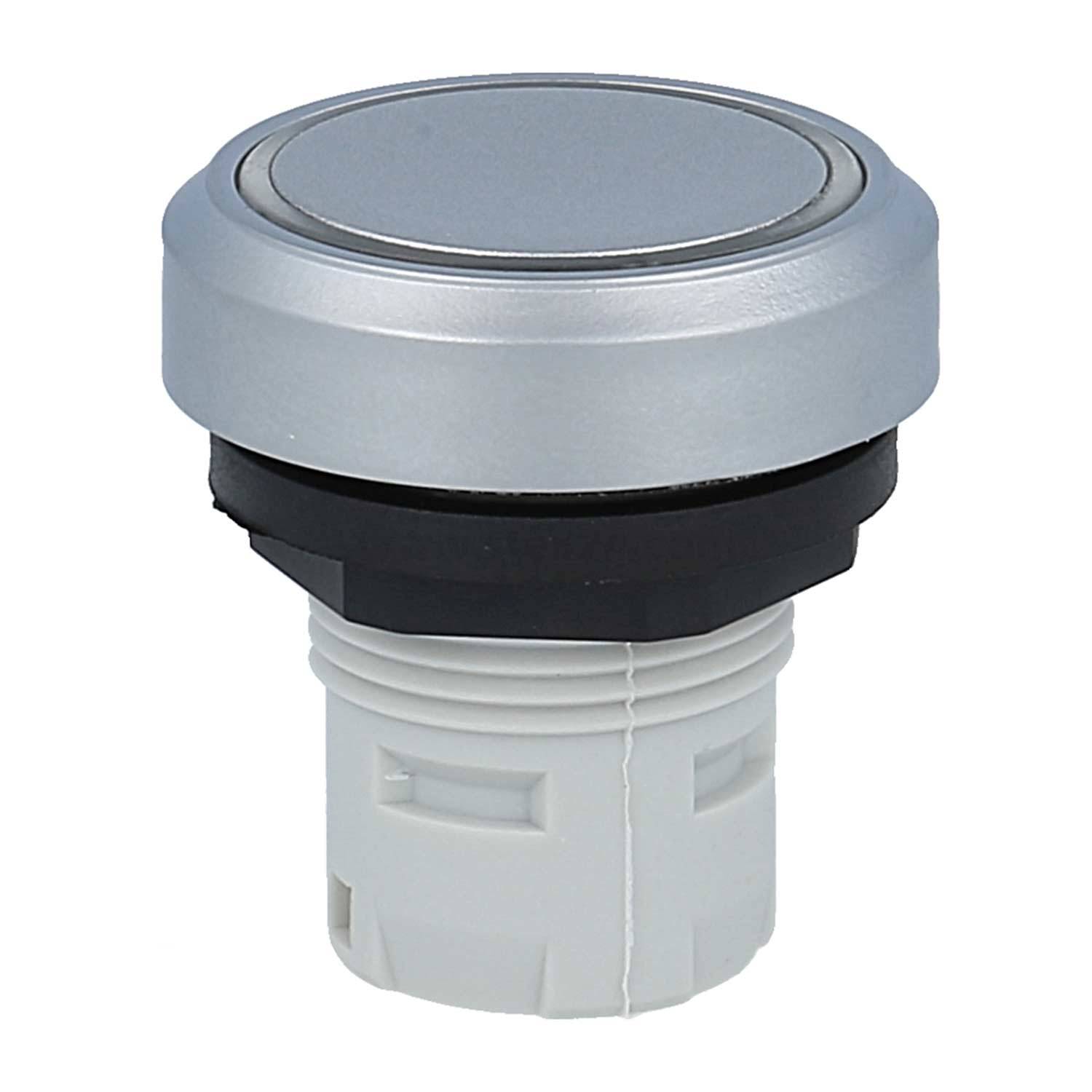 Runder Metall-Drucktastenschalter mit silberner Oberfläche und Kunststoffbasis, geeignet für elektronische und industrielle Anwendungen.