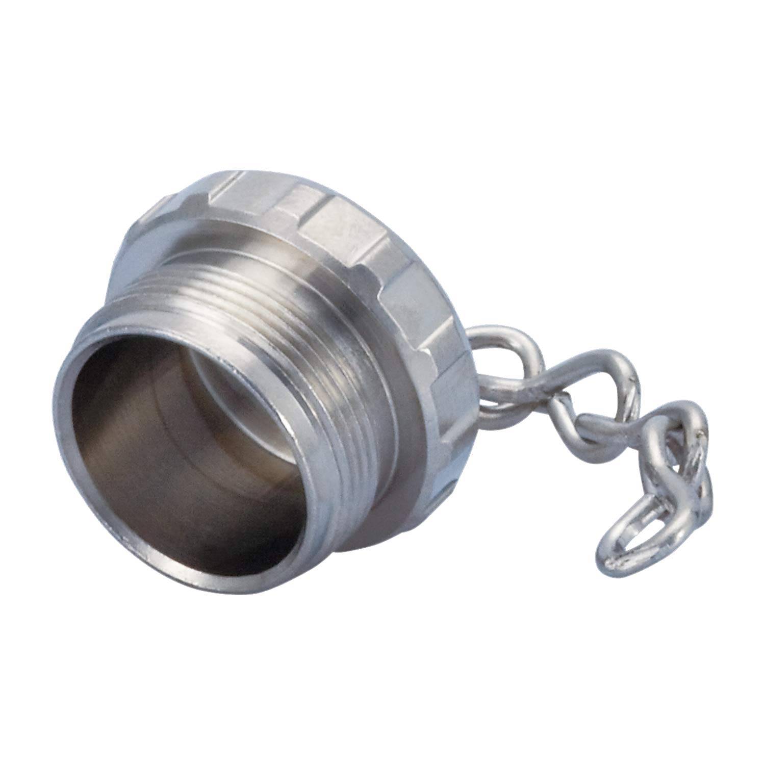 Eine metallische Kappe mit einem Gewinde am Ende und einer kurzen Kette angehängt. Wird zum Verschließen oder Abdecken von Öffnungen in Rohren oder Behältern verwendet.