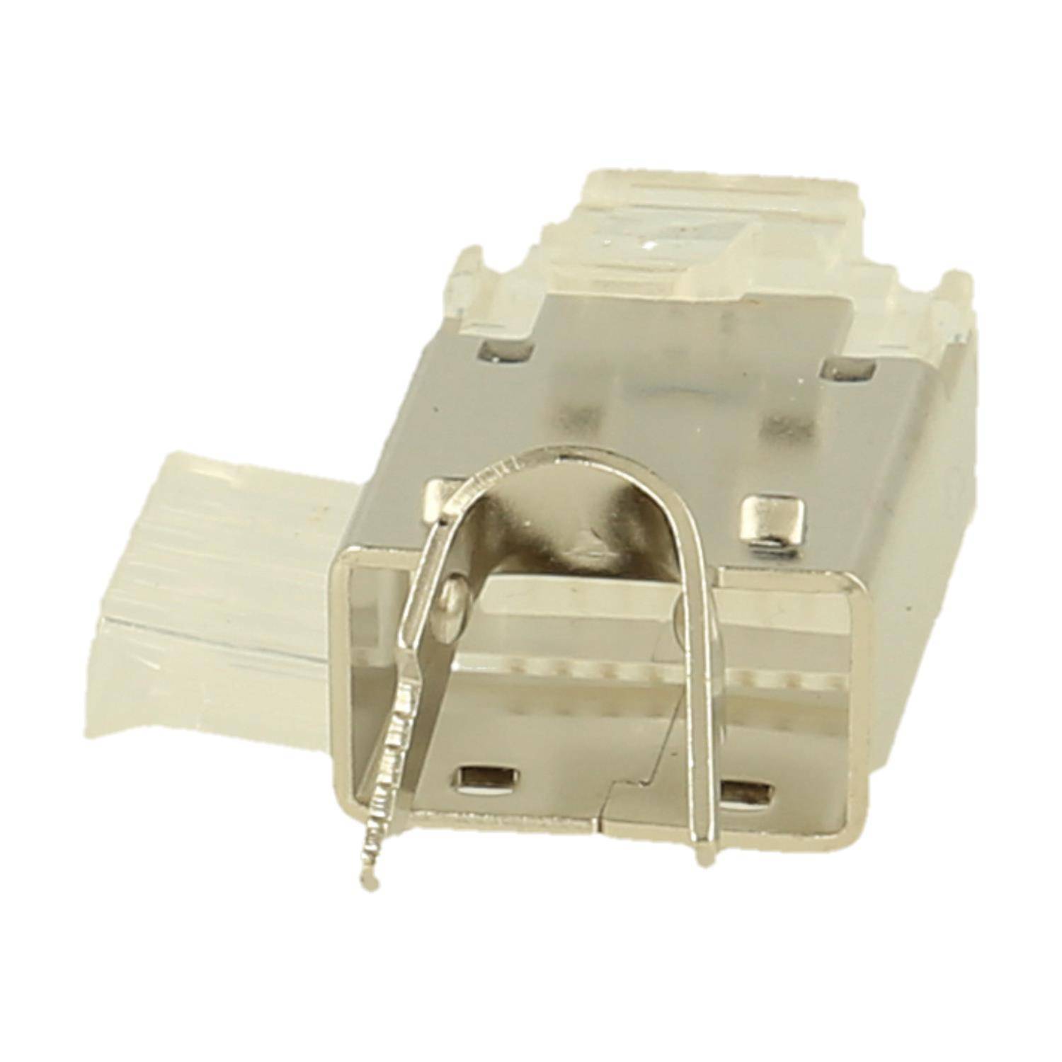 Nahaufnahme eines USB-Anschlusses mit einem Metallgehäuse, bei dem die internen Stifte sichtbar sind und der für elektronische Verbindungen verwendet wird.