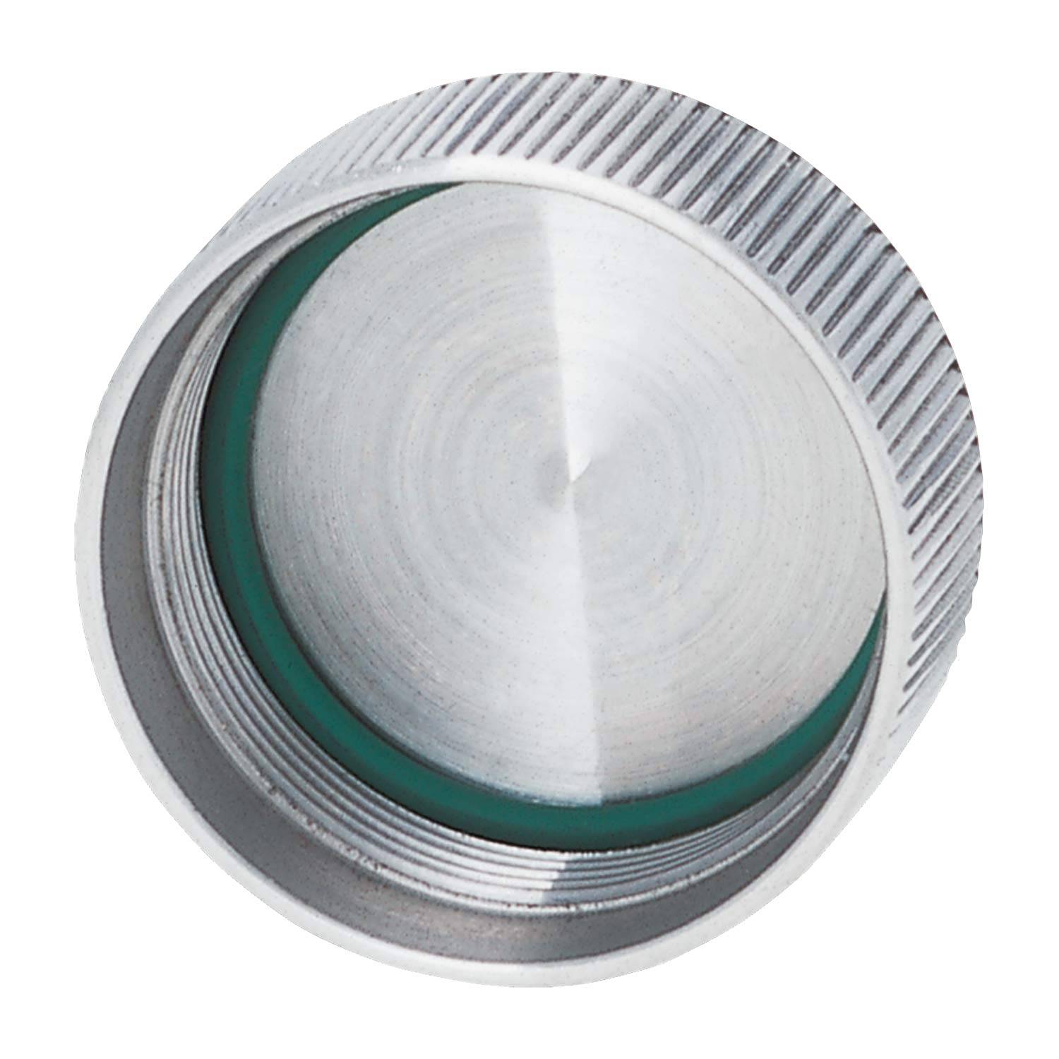 Rundes, metallisches Objekt mit gerilltem Rand und einer vertieften Mitte, möglicherweise ein Deckel oder eine Kappe.