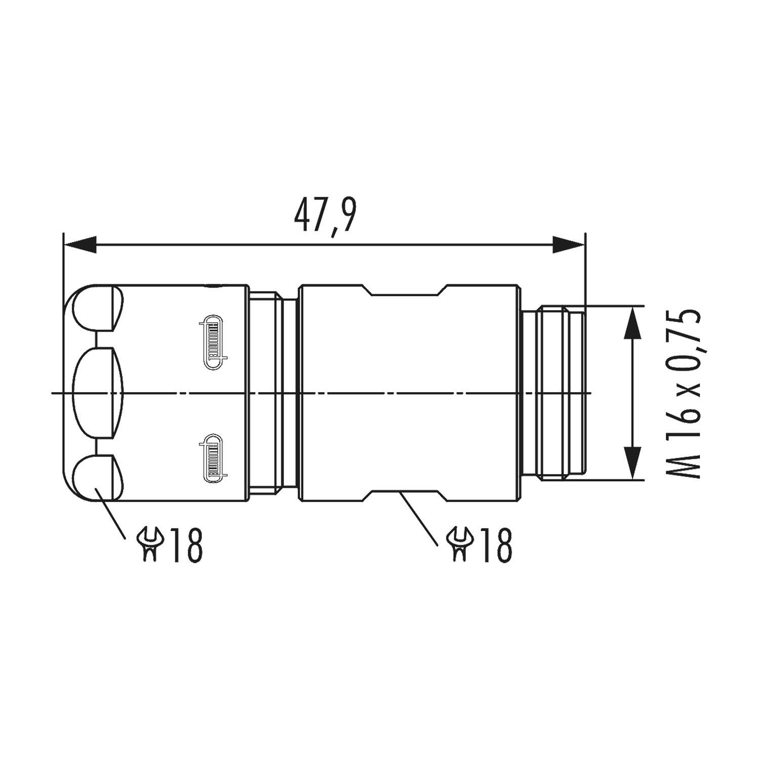 Technische Zeichnung einer zylindrischen Komponente, beschriftet mit M16 x 0,75, mit einer Länge von 47,9 mm und verschiedenen Maßangaben und Symbolen.
