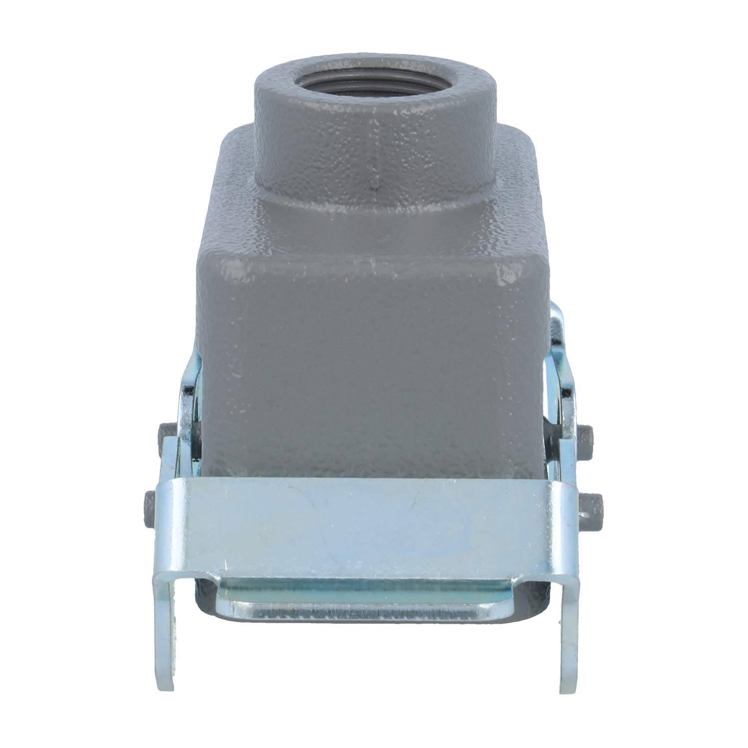 Ein grauer, metallischer Industrieverbinder, der mit einer Schutzverkleidung und einem Metallverschluss dargestellt wird, der häufig in elektrischen oder mechanischen Anwendungen eingesetzt wird.