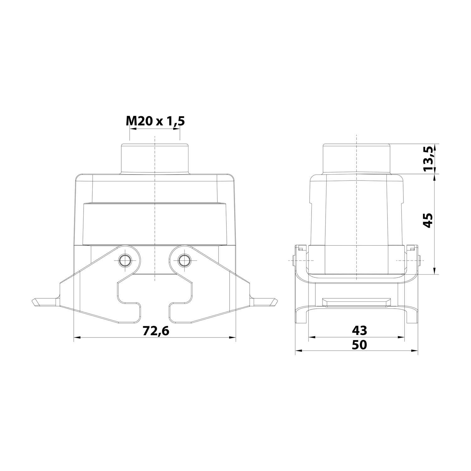 Technische Zeichnung eines mechanischen Bauteils mit zwei Ansichten. Vorderansicht: 72,6 mm breit, M20 x 1,5 Gewindebohrung, verschiedene Dimensionen beschriftet. Seitenansicht: 45 mm hoch.
