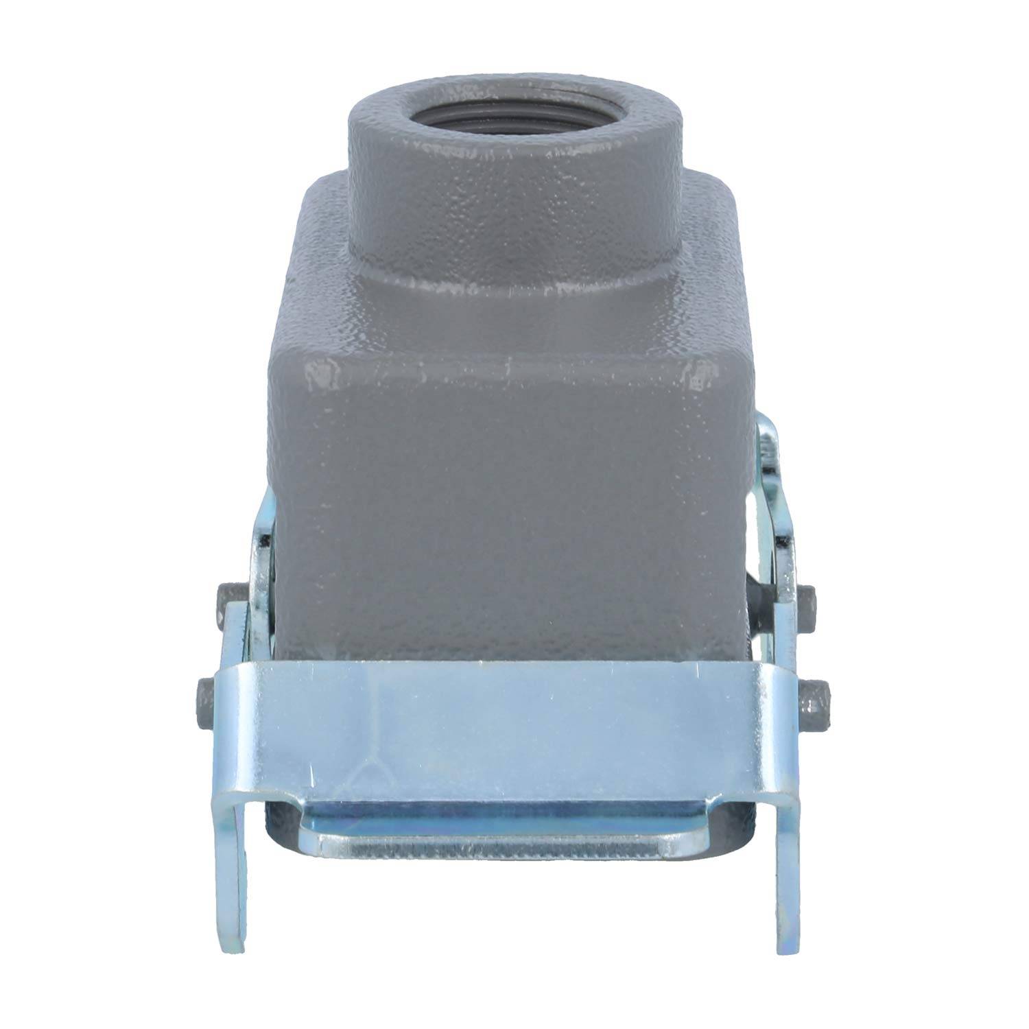 Ein rechteckiges, graues industrielles elektrisches Anschlussgehäuse mit einem Metallverschluss, von vorne betrachtet.