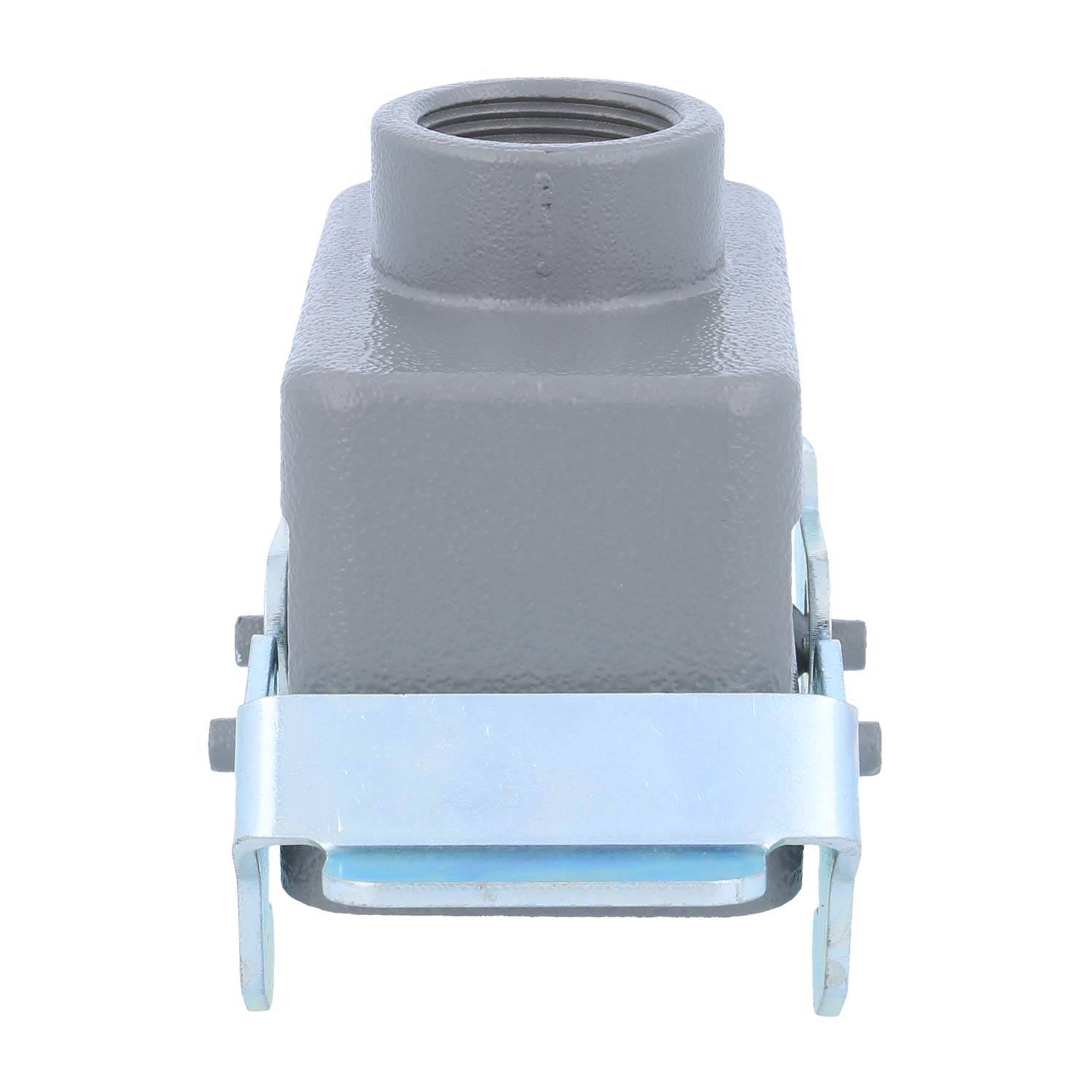 Ein grau-metallisches elektrisches Anschlussgehäuse mit einer Gewindeöffnung an der Oberseite und metallischen Klammern an den Seiten, das zur Sicherung von Verbindungen verwendet wird.