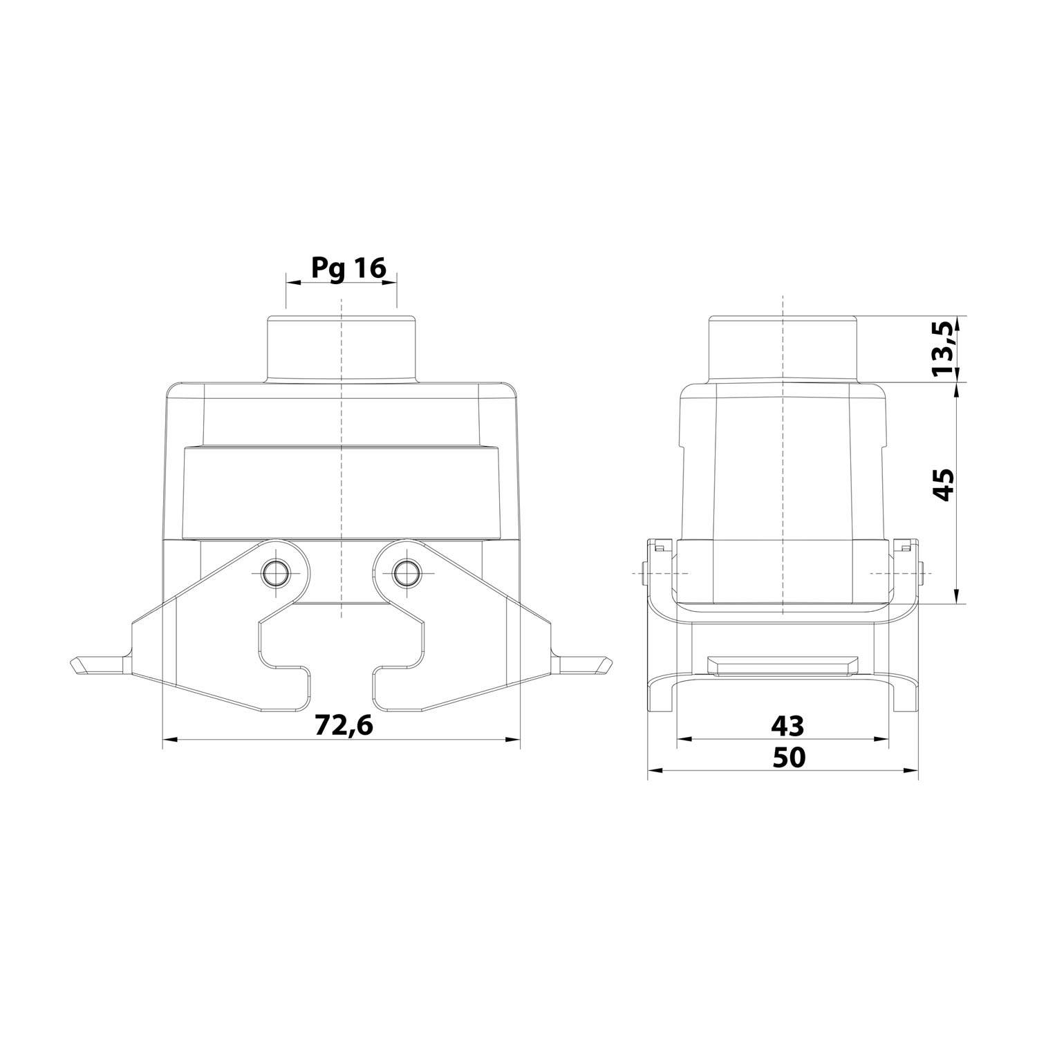 04300101431 HARTING Han 10B Tüllengehäuse niedrig, 1xPG16 gerader Kabelabgang, mit 2 Querbügeln Verschraubung PG16