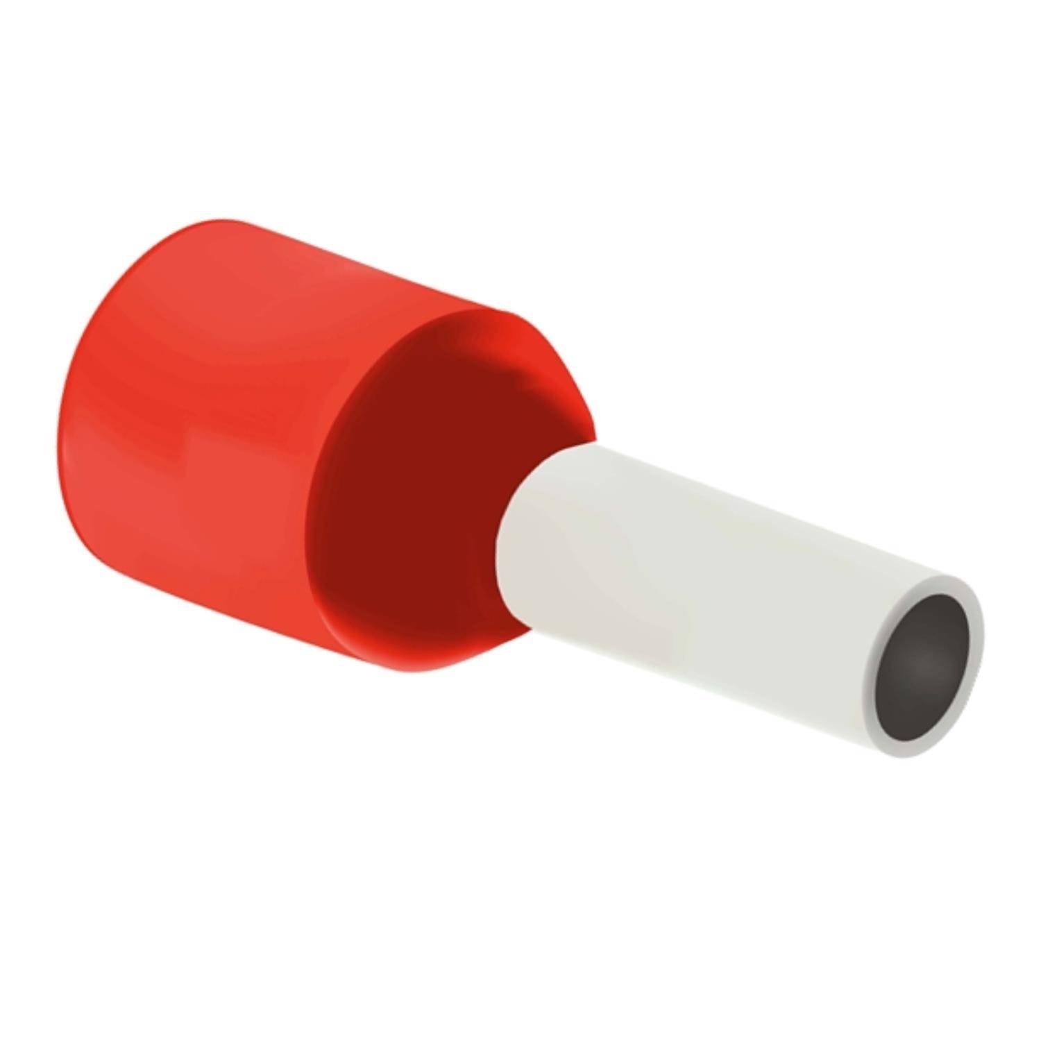 Ein roter Elektrokabel-Endkappen mit einem weißen zylindrischen Isolator, der zum Sichern und Isolieren von Kabelverbindungen verwendet wird.