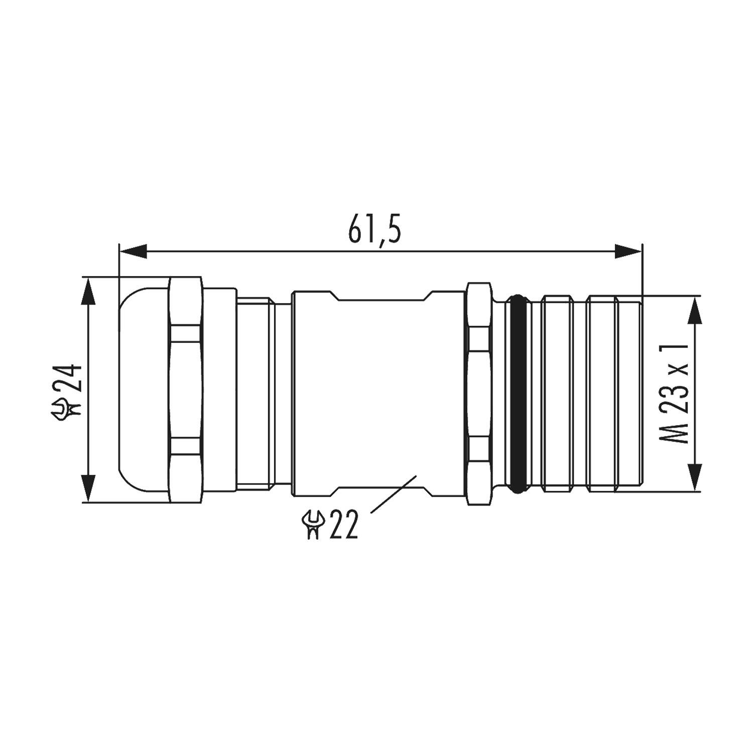 Technische Zeichnung einer zylindrischen Komponente mit markierten Maßen: Länge 61,5 mm, Durchmesser 24 mm, Gewindelgröße M 23 x 1, Schlüsselweite 22 mm.