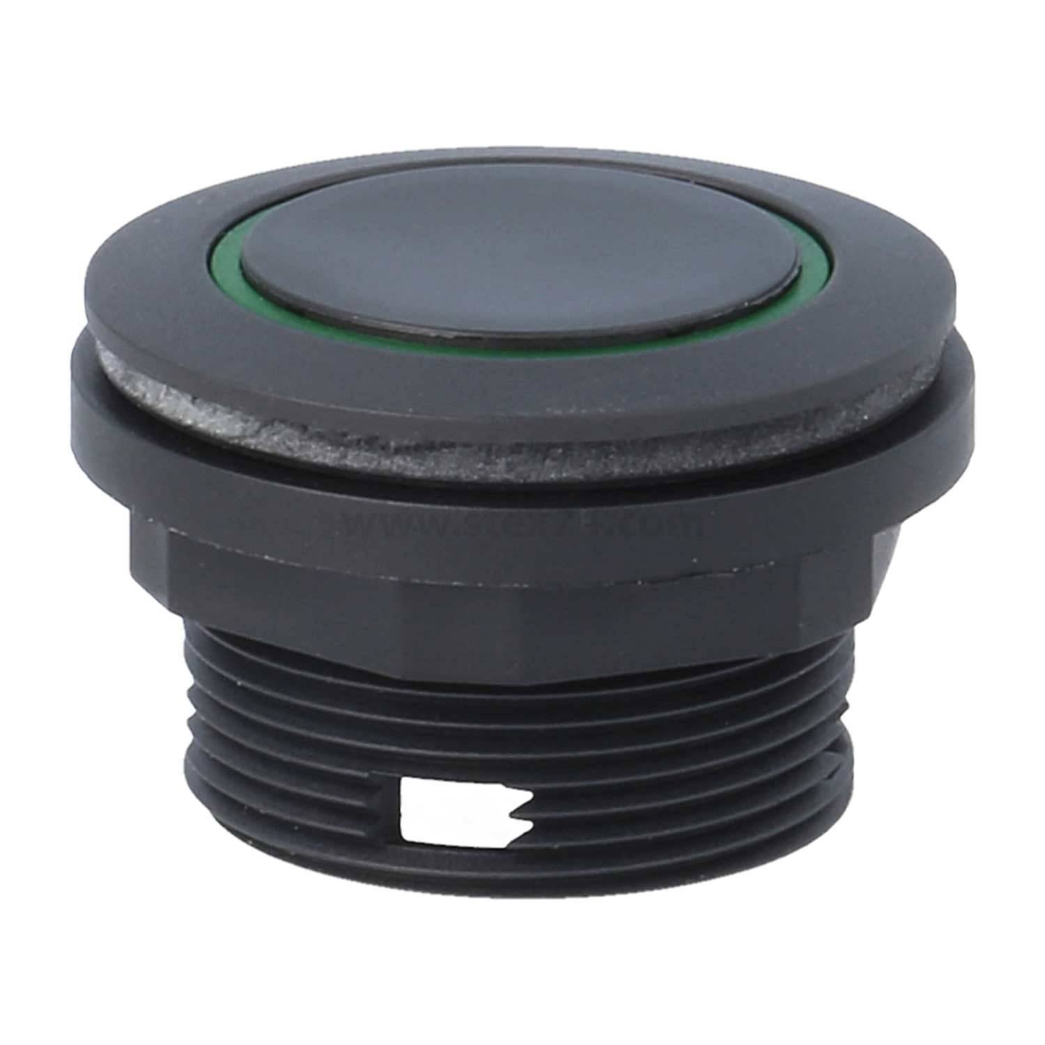 Ein runder schwarzer Drucktaster mit einer grünen LED-Anzeige am äußeren Rand, zur Paneelmontage konzipiert, von einer Seitenansicht dargestellt.