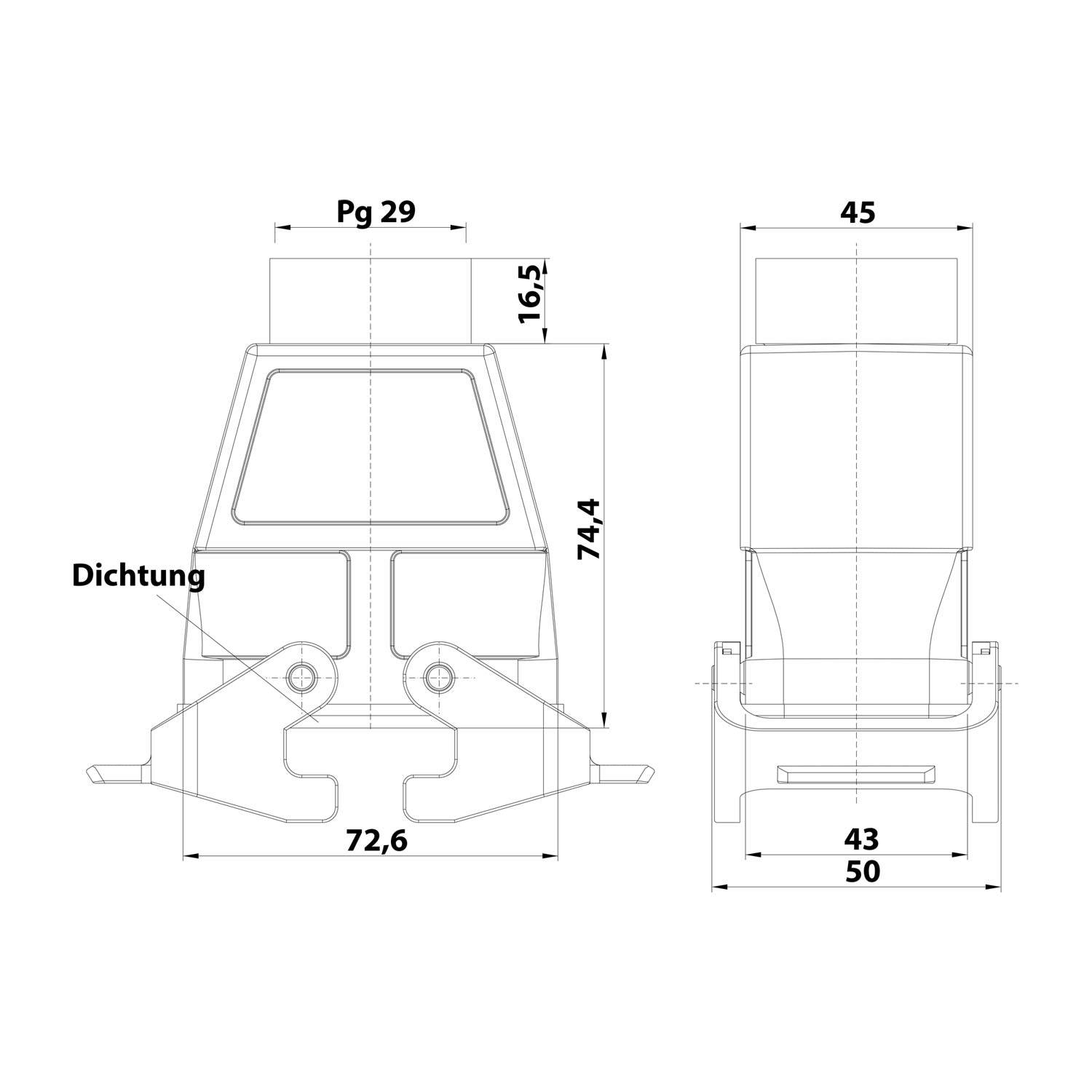 04300100733 HARTING Han 10B Kupplungsgehäuse hoch, 1xPG29 gerader Kabelabgang, mit 2 Querbügeln Verschraubung PG29