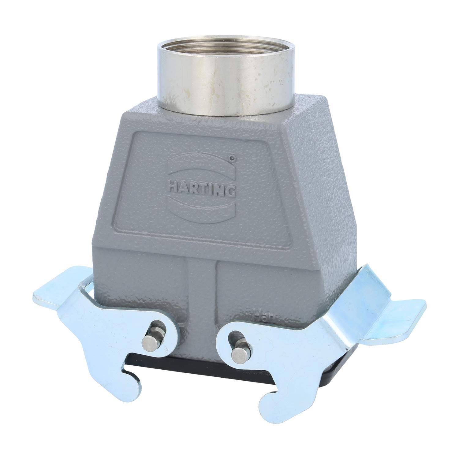 Ein grauer HARTING Industrieverbinder mit rechteckiger Grundfläche, versehen mit Metallverriegelungen an den Seiten für eine sichere Befestigung.