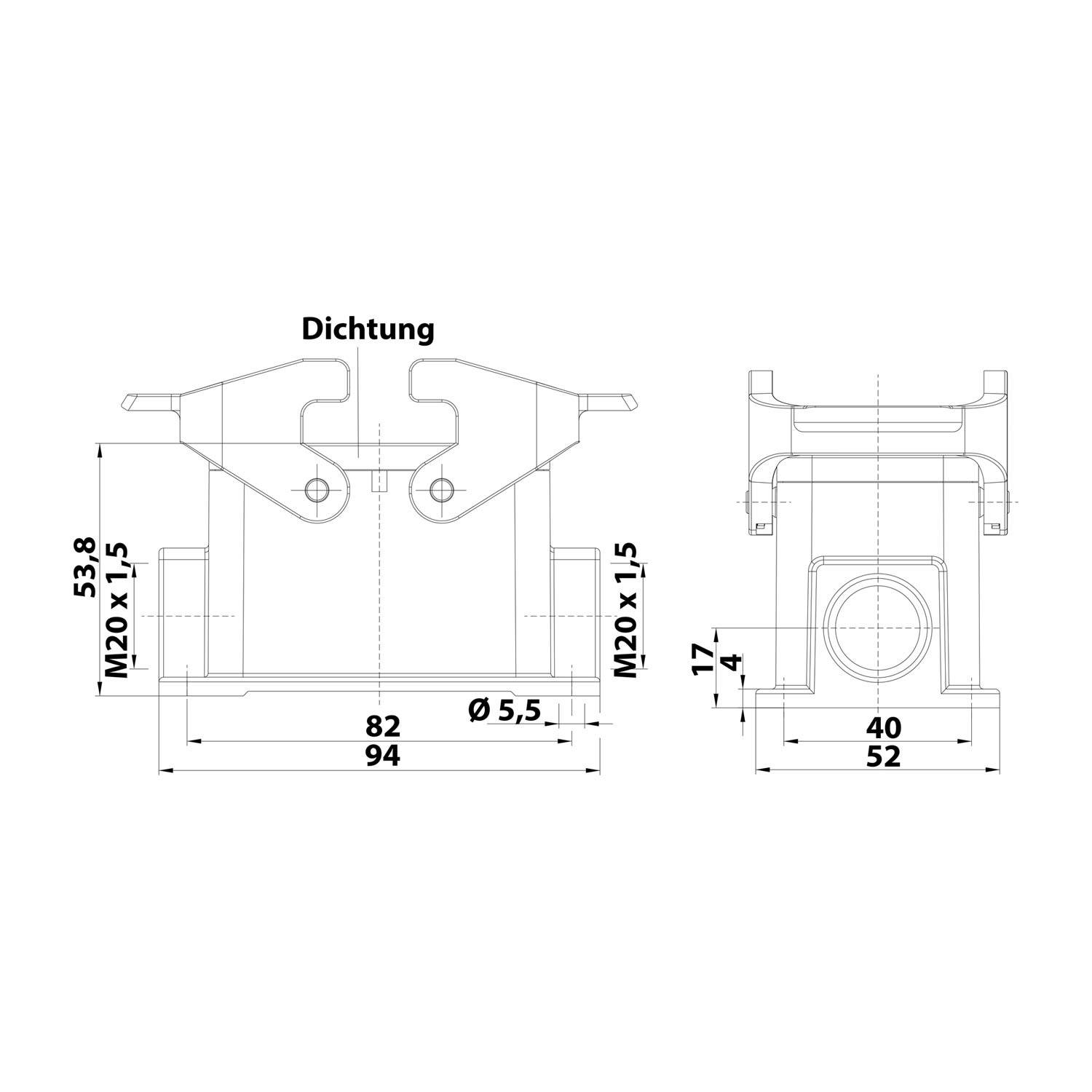 04300101267 HARTING Han 10B Sockelgehäuse niedrig, 2xM20 seitlicher Kabelabgang, mit 2 Querbügeln Verschraubung M20