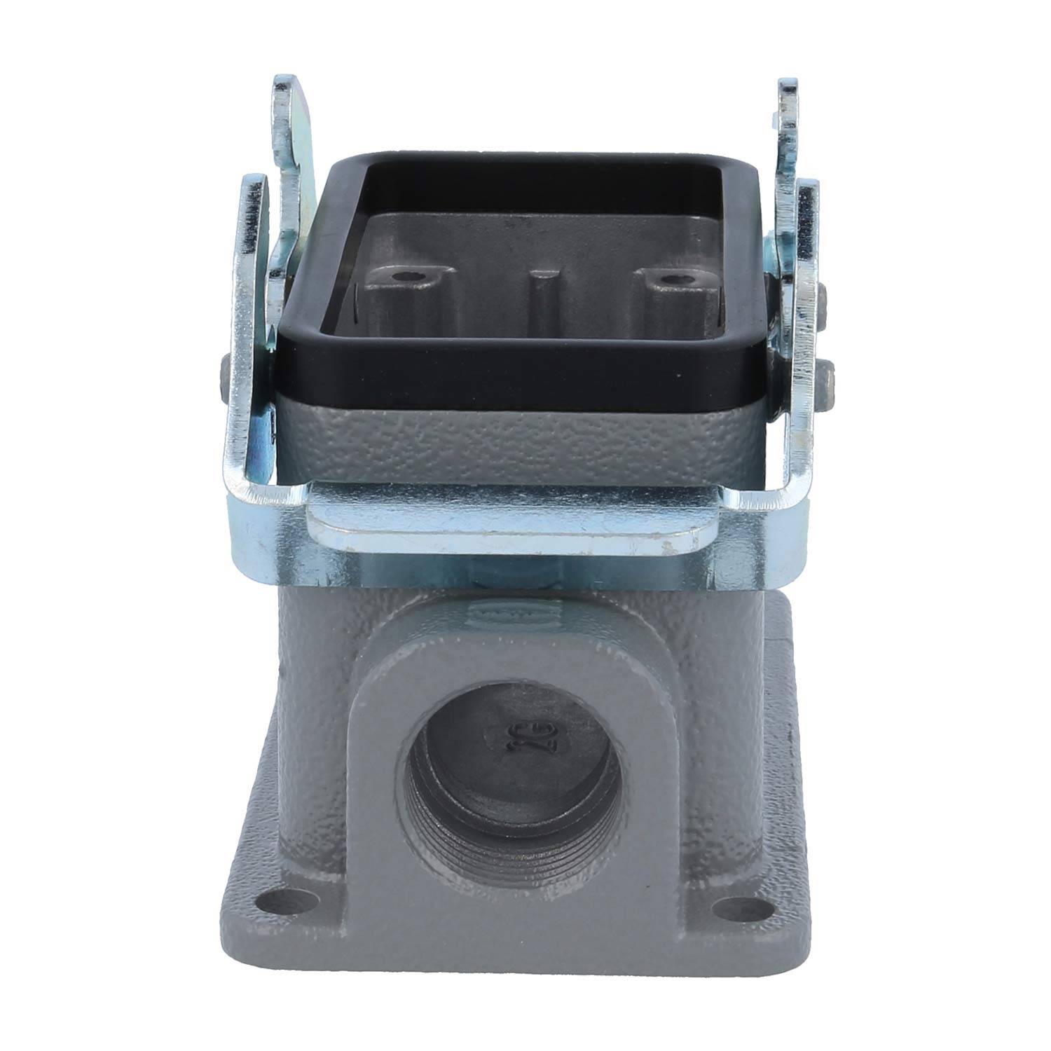 Ein metallisches industrielles Anschlussgehäuse mit einem rechteckigen schwarzen Deckel und vier Befestigungslöchern an der Basis.