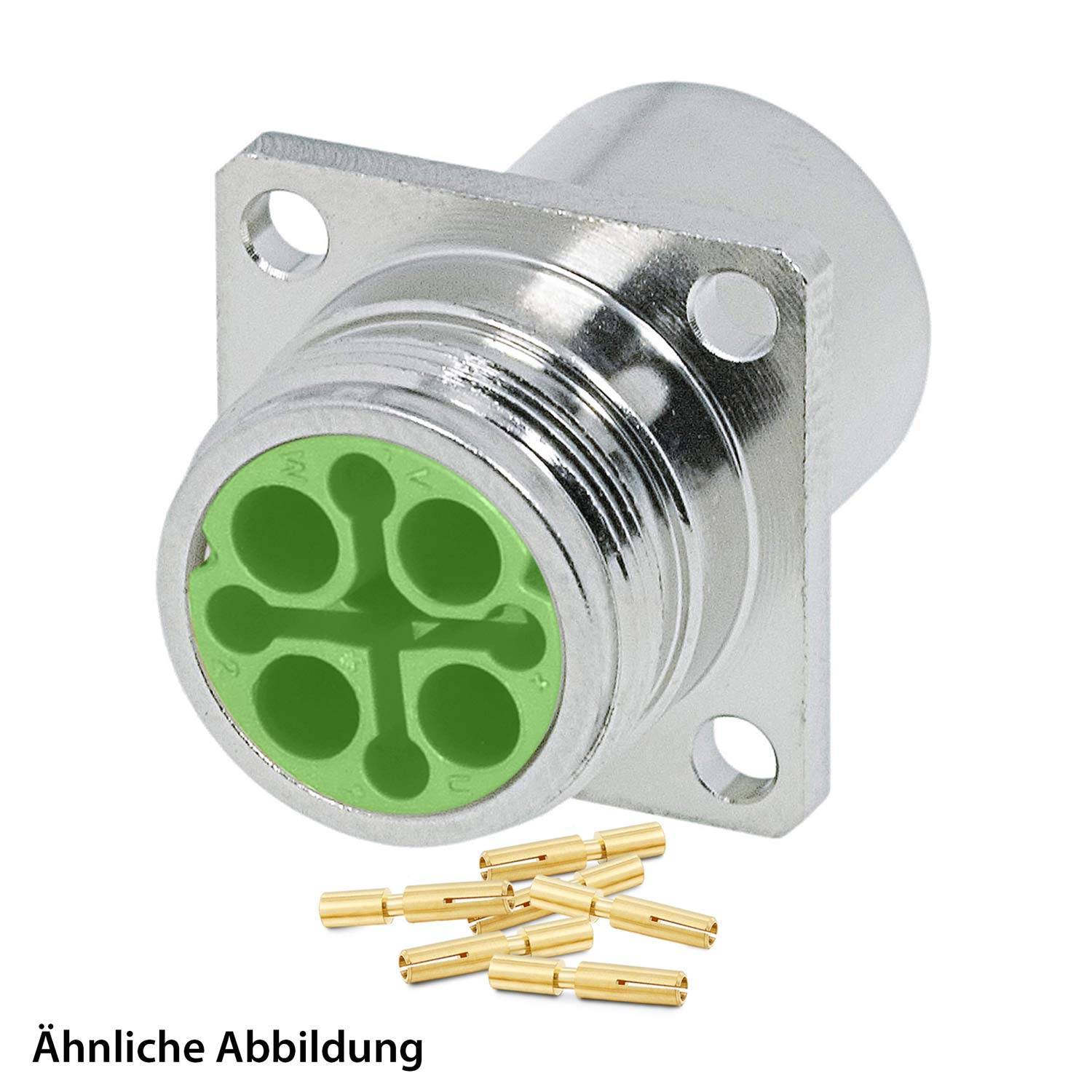 Ein zylindrischer Metallverbinder mit einer grünen Vierloch-Konfiguration; in der Nähe befinden sich mehrere kleine, goldfarben Stifte.