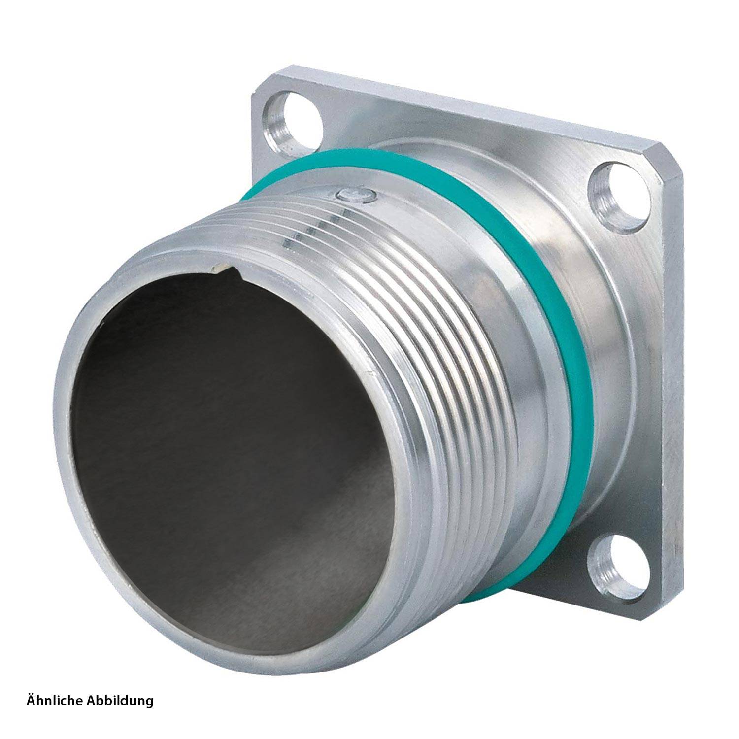 Ein zylindrischer Metallverbinder mit einer Gewindeoberfläche und vier Befestigungslöchern, der zur sicheren Befestigung in Maschinen oder elektronischen Geräten verwendet wird.