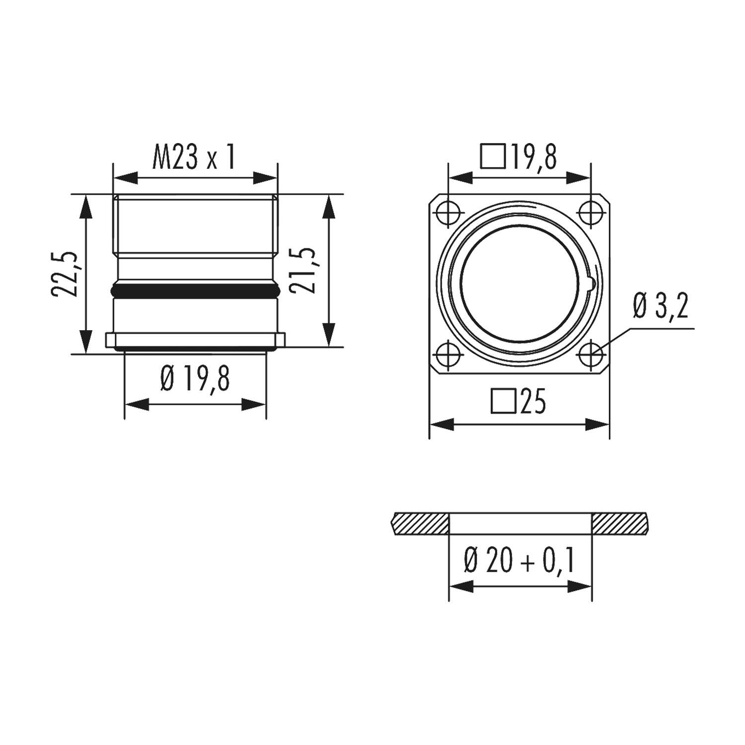 Technische Zeichnung einer zylindrischen Komponente mit Abmessungen: Durchmesser 19,8 mm, Höhe 22,5 mm und M23 x 1 Gewinde.