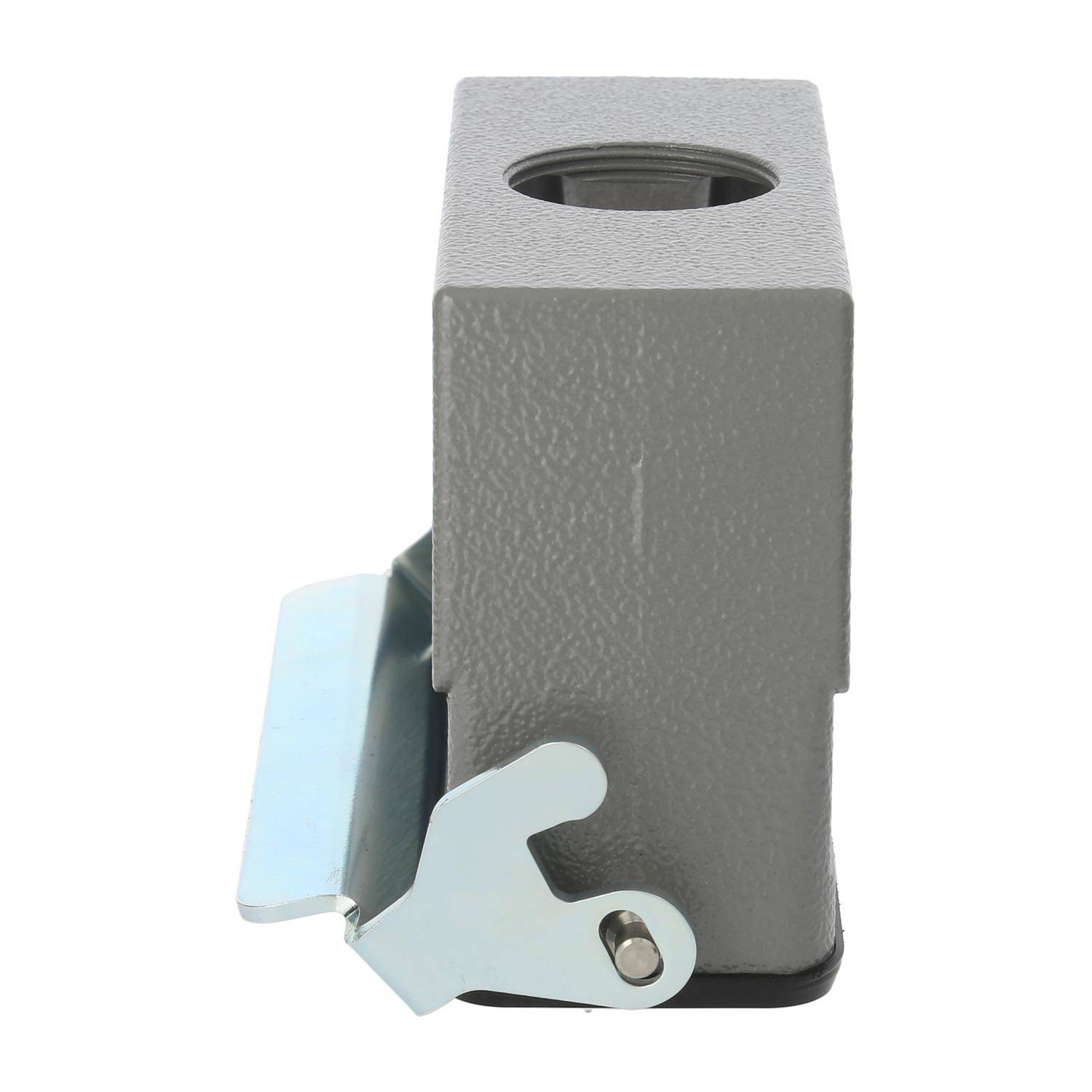 Eine graue metallische Halterung mit rechteckiger Form und einer kreisförmigen Aussparung, die einen silbernen Hebel an ihrer Basis aufweist.