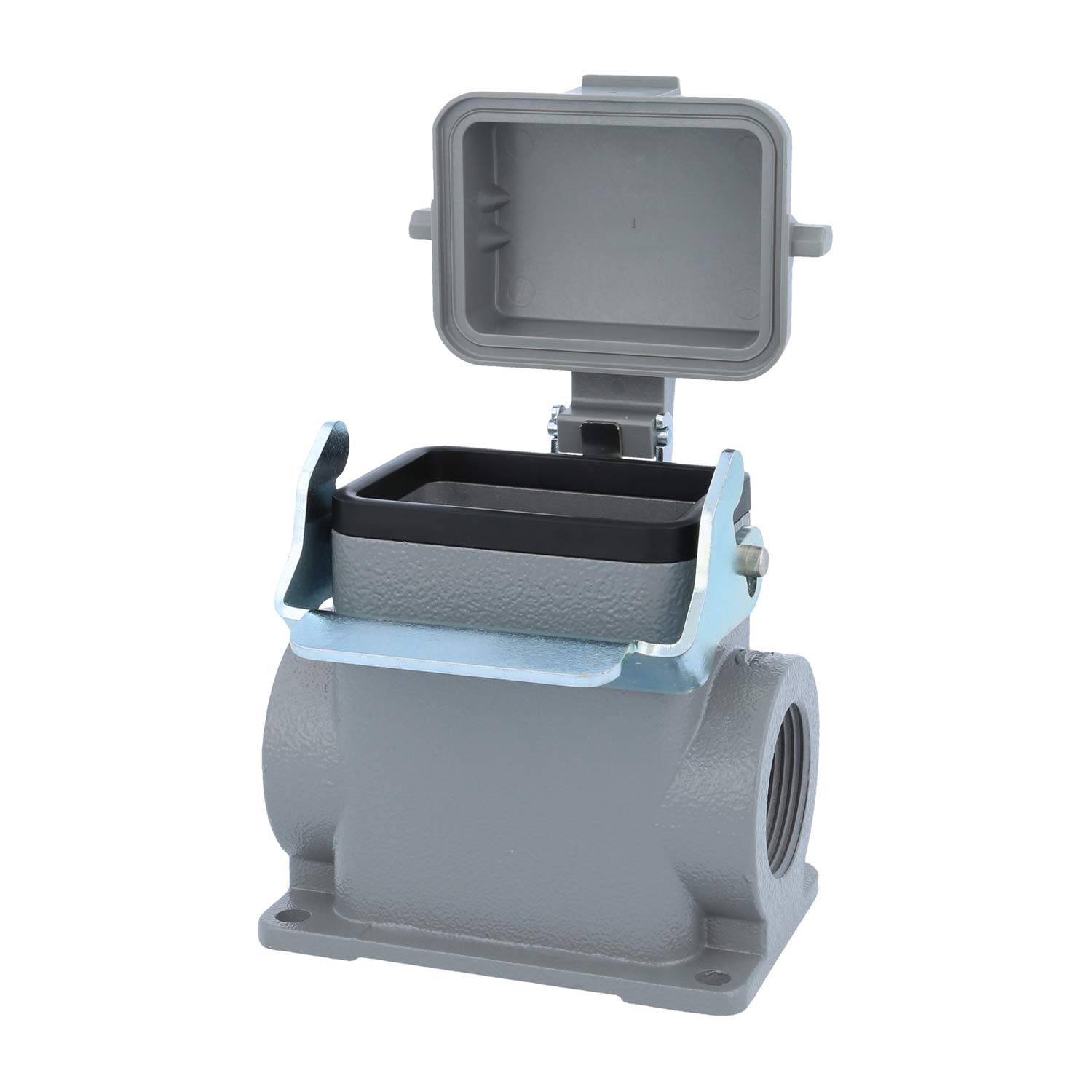 Rechteckiges graues elektrisches Anschlussgehäuse mit einem offenen Deckel, das ein Innenkompartiment zeigt und zum Schutz von Verbindungen verwendet wird.