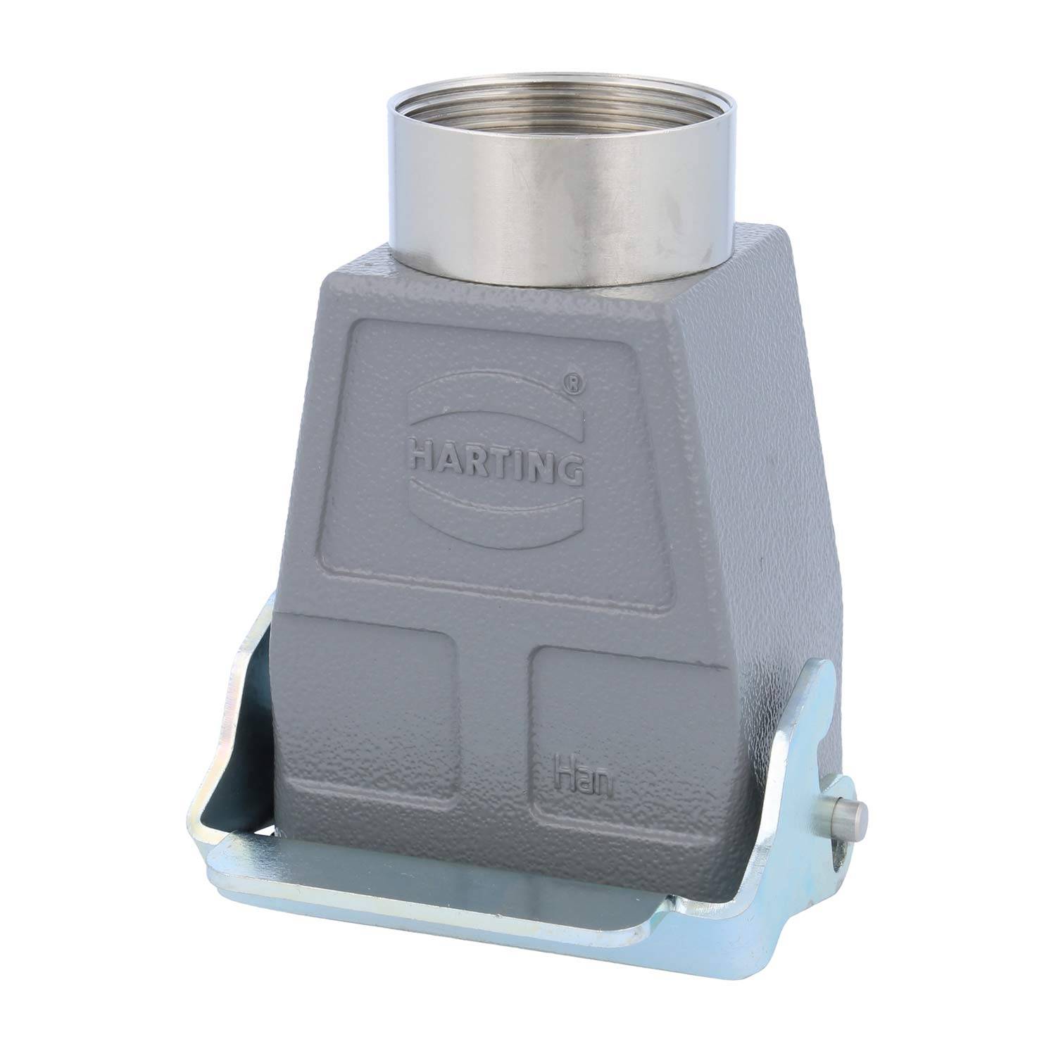 Ein grau-industrielles Anschlussgehäuse mit dem eingeprägten 'HARTING'-Logo, das einen verschraubten Deckel und eine Metallverriegelungsklammer an der Basis aufweist.