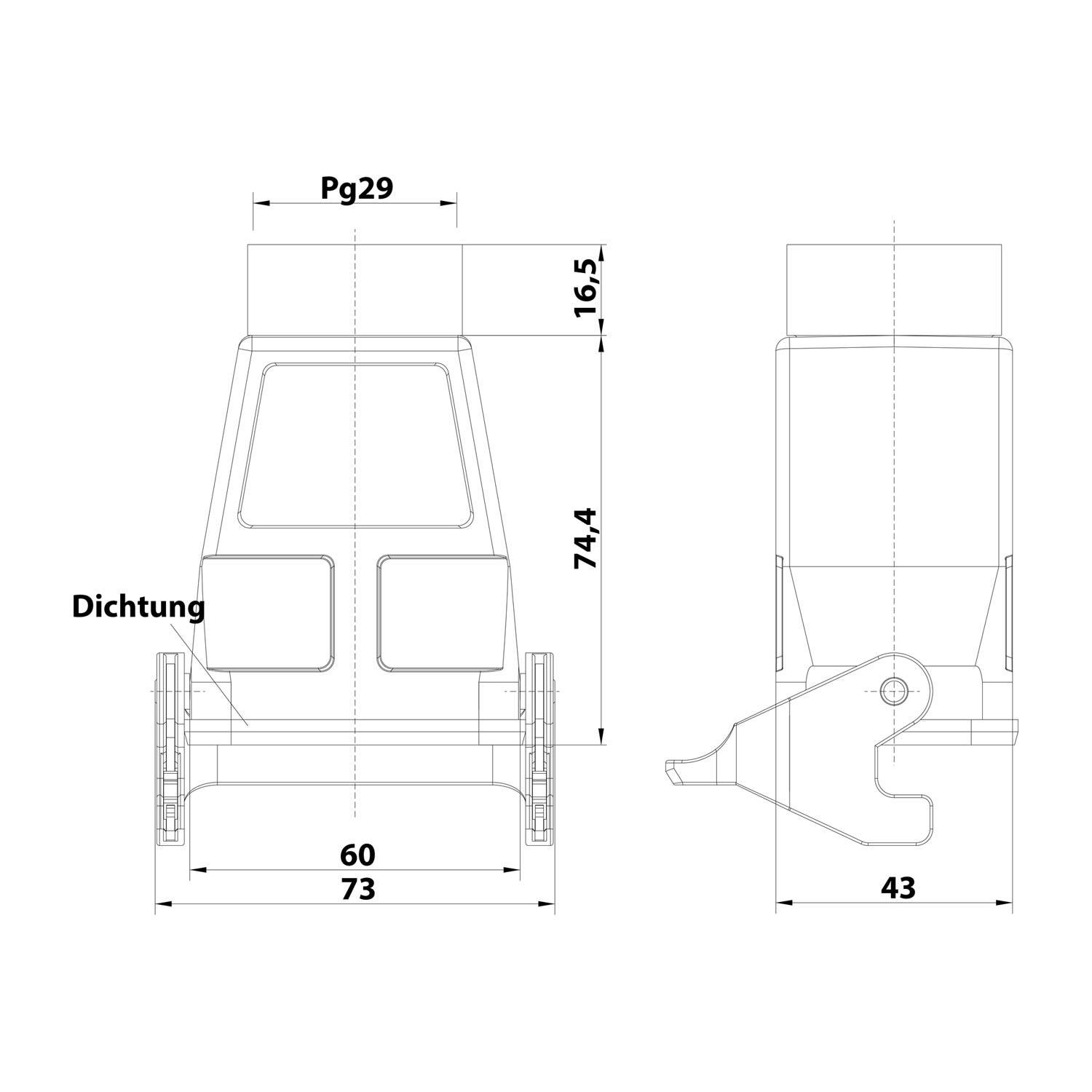 04300060753 HARTING Han 6B Kupplungsgehäuse hoch, 1xPG29 gerader Kabelabgang, mit 1 Längsbügel Verschraubung PG29