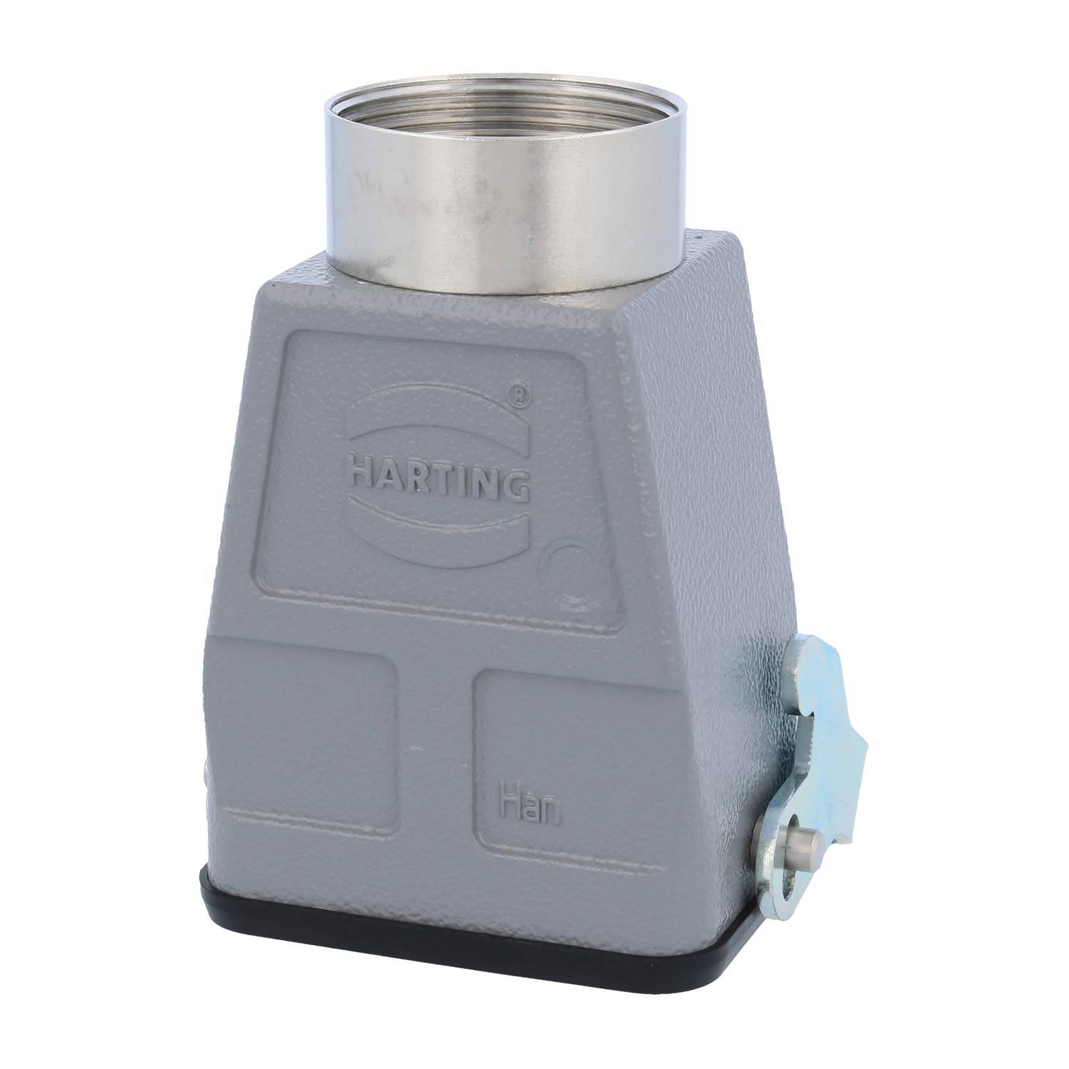 Ein Metallverbindungsgehäuse mit einem Verschlussmechanismus, gekennzeichnet als 'HARTING Han.' Es verfügt über einen verschraubbaren Deckel für den Kabelanschluss.