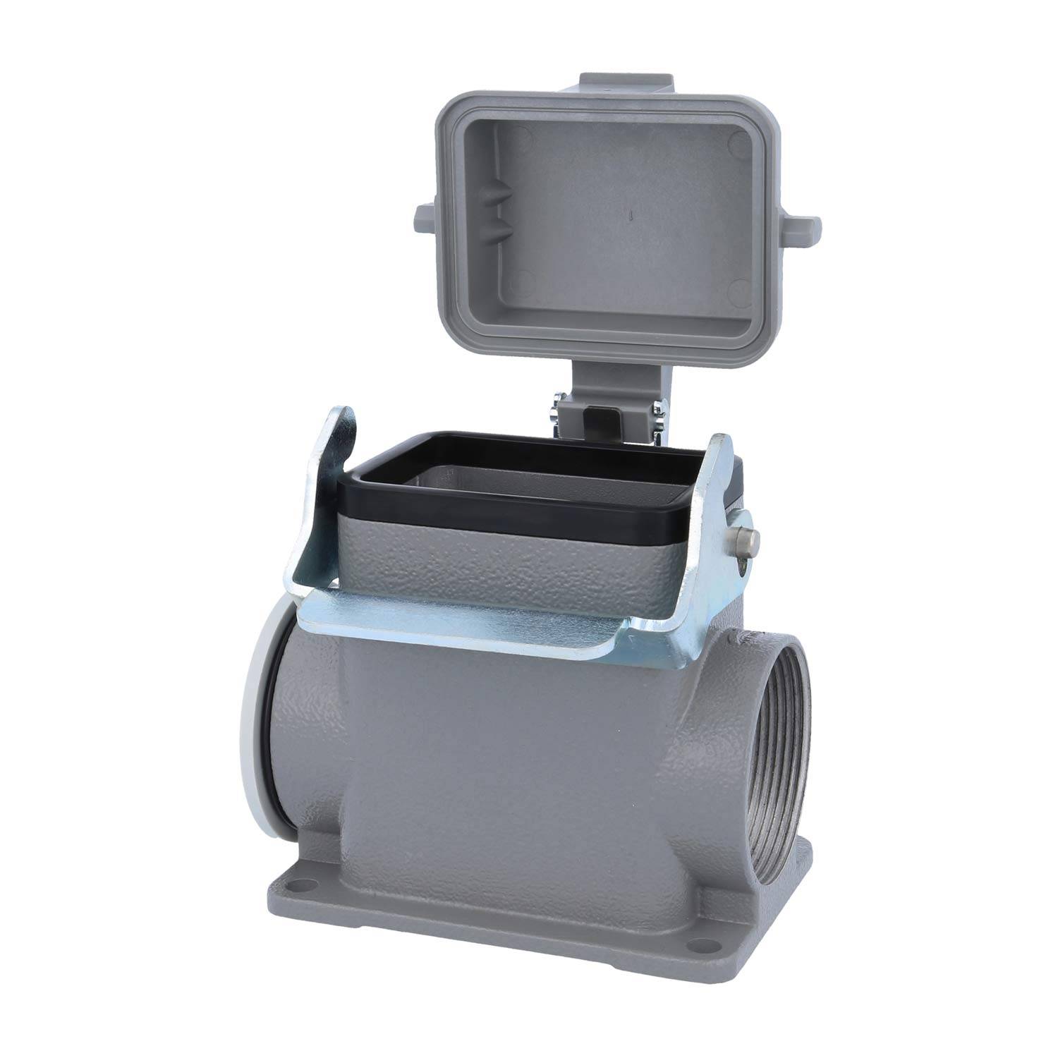 Industrielle graue Elektroverbinder-Gehäuse mit offener Schutzabdeckung, die den internen Montagebereich zeigt, verwendet für sichere Kabelverbindungen.