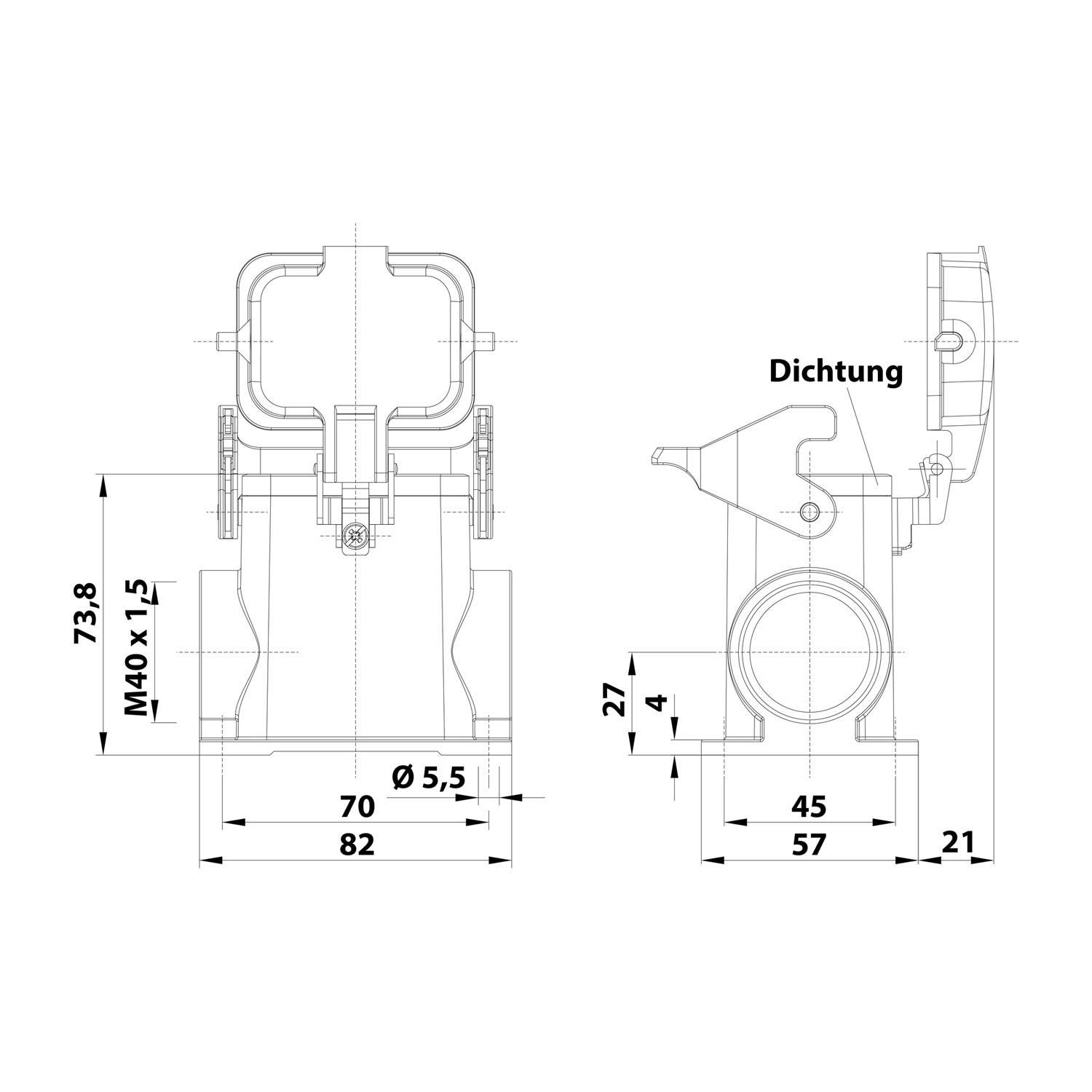 Technische Zeichnung eines mechanischen Bauteils mit Maßangaben. Schlüsselmessungen: M40 x 1,5, 70/82, Ø 5,5, 45/57. Beschriftet: Dichtung.