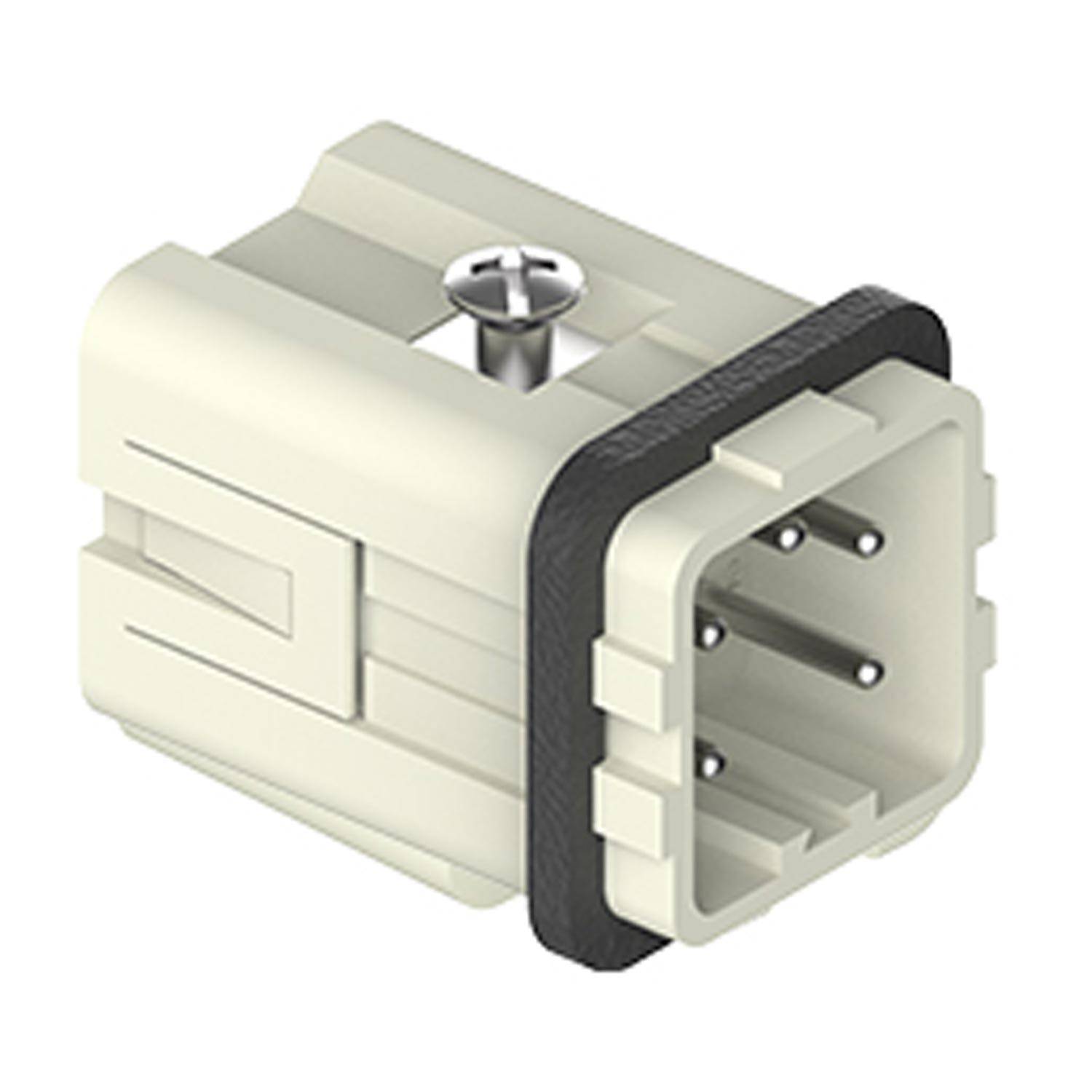 Ein beiger rechteckiger elektrischer Stecker mit fünf Metallstiften und einer Schraube oben, von einem Winkel aus betrachtet, um seine Form und Gestaltung zu zeigen.