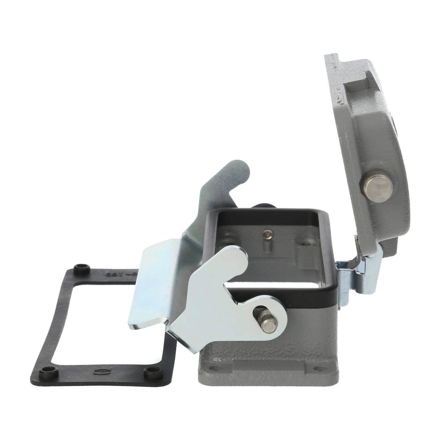 „Graue Metall-Elektroverteilerdose mit geöffnetem Klappdeckel, ausgestattet mit mehreren Schrauböffnungen und einer Gummidichtung zur sicheren Befestigung und Abdichtung.