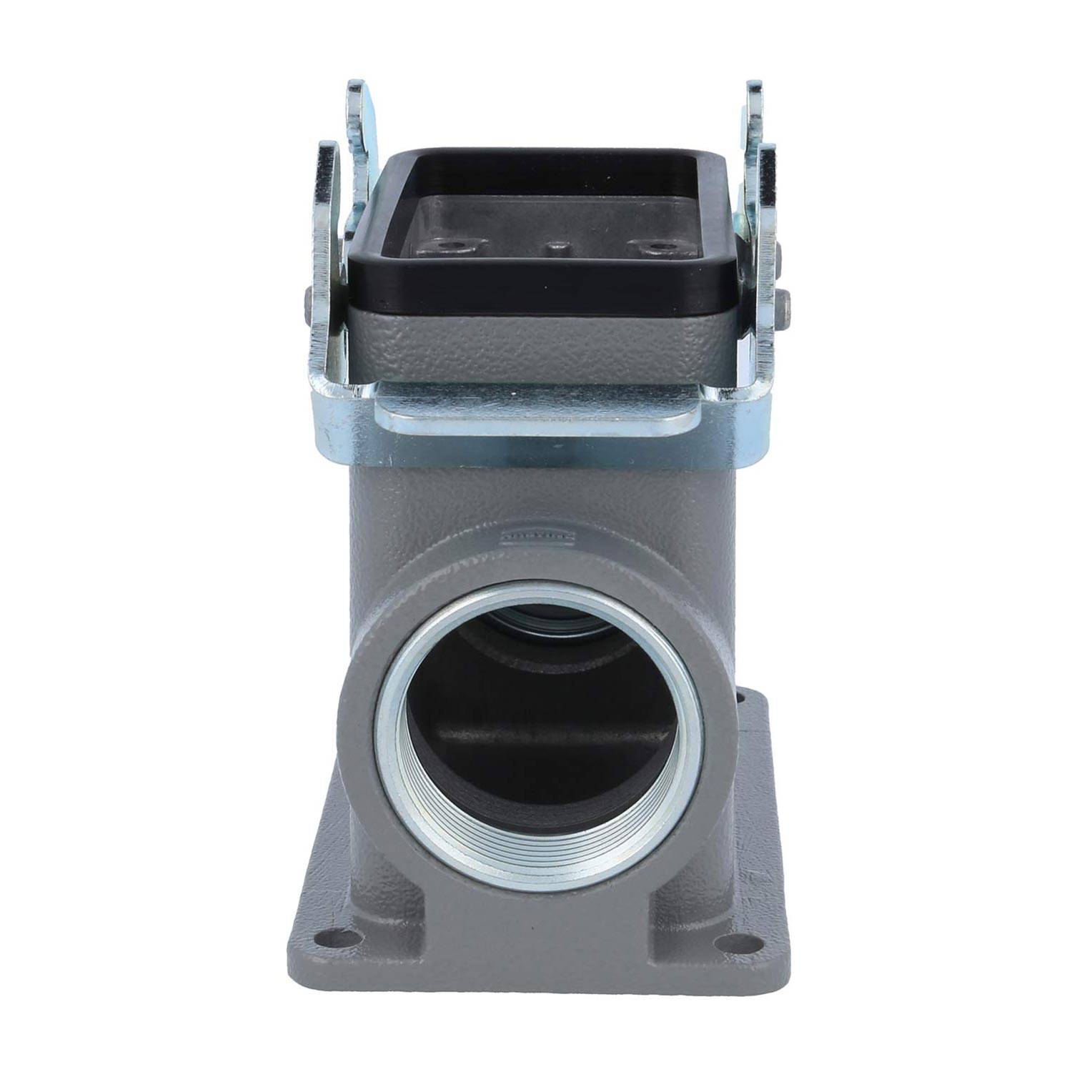 Ein grauer industrieller Leitungsauslass mit Gewindeanschluss und einem rechteckigen Deckel, montiert auf einer flachen Grundplatte.