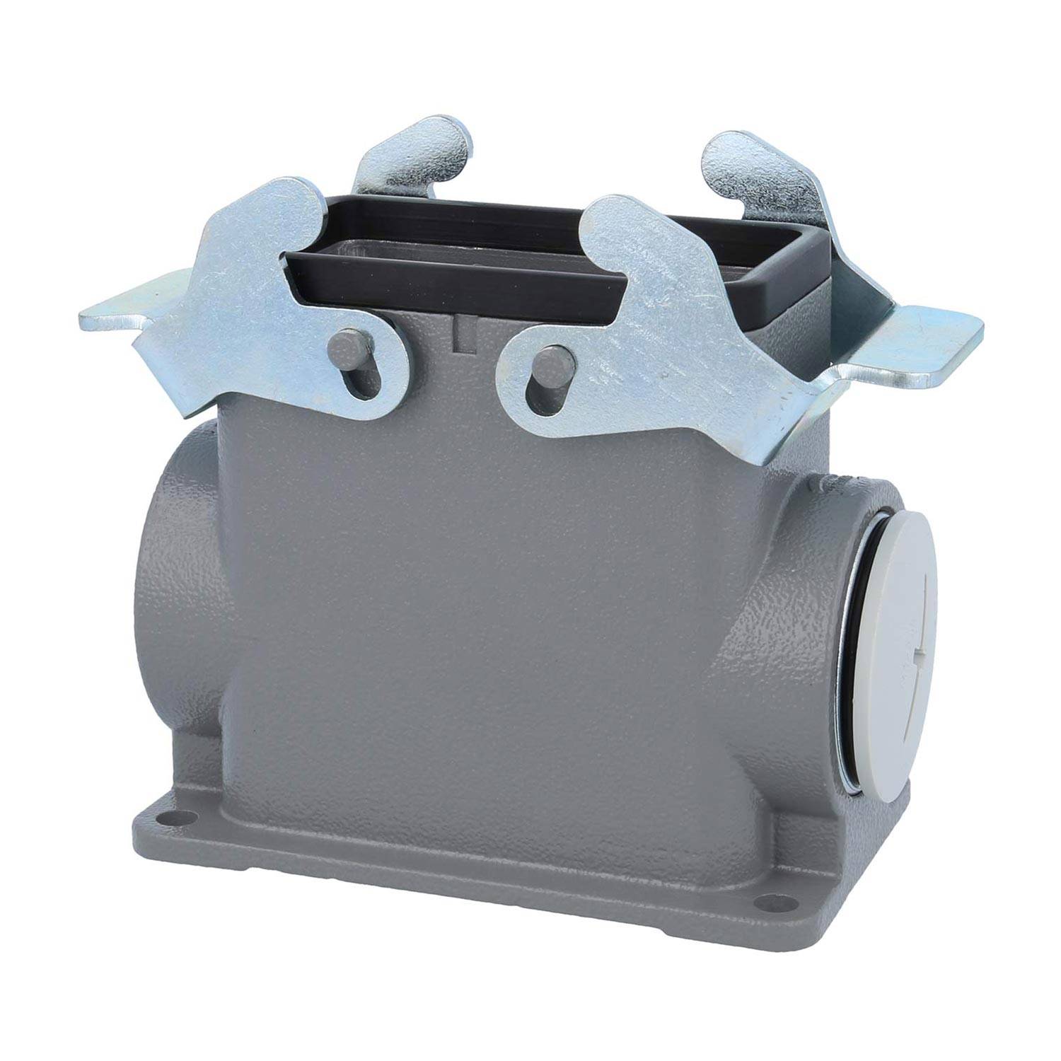 Metallische Gehäuseeinheit mit rechteckiger Öffnung und Verriegelungsmechanismen an der Oberseite, verwendet für industrielle elektrische Anschlüsse.