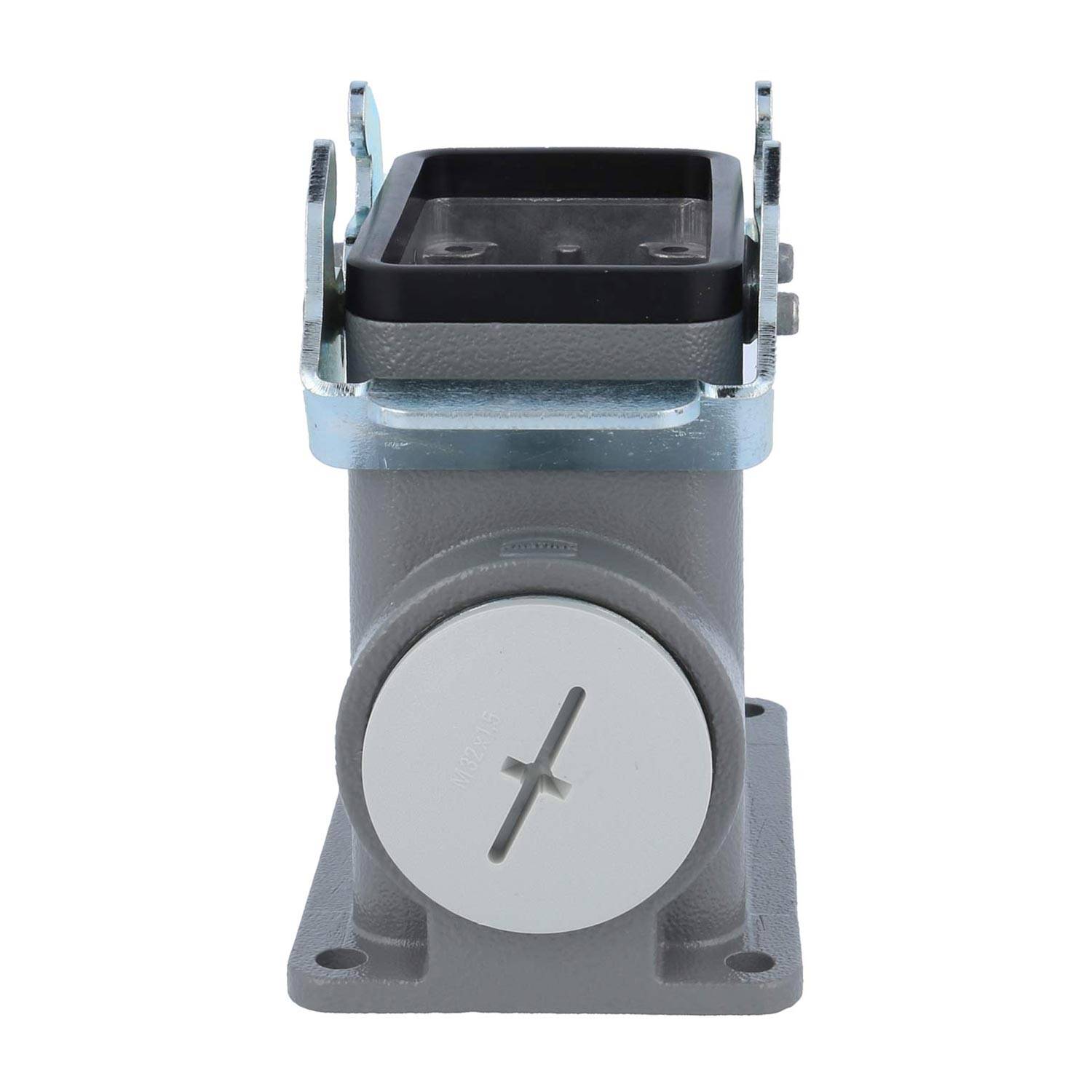Eine graue mechanische Industriekomponente mit einer zylindrischen Basis und einem rechteckigen oberen Halterungselement. Ausgestattet mit einer weißen kreisförmigen Frontfläche mit einer Kreuznut.
