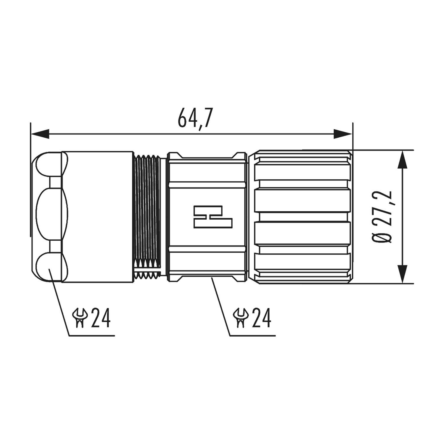 Technische Zeichnung eines zylindrischen Verbinders, 64,7 mm Länge, 27,2 mm Durchmesser, mit zwei 24 mm sechseckigen Anschlüssen an beiden Seiten.