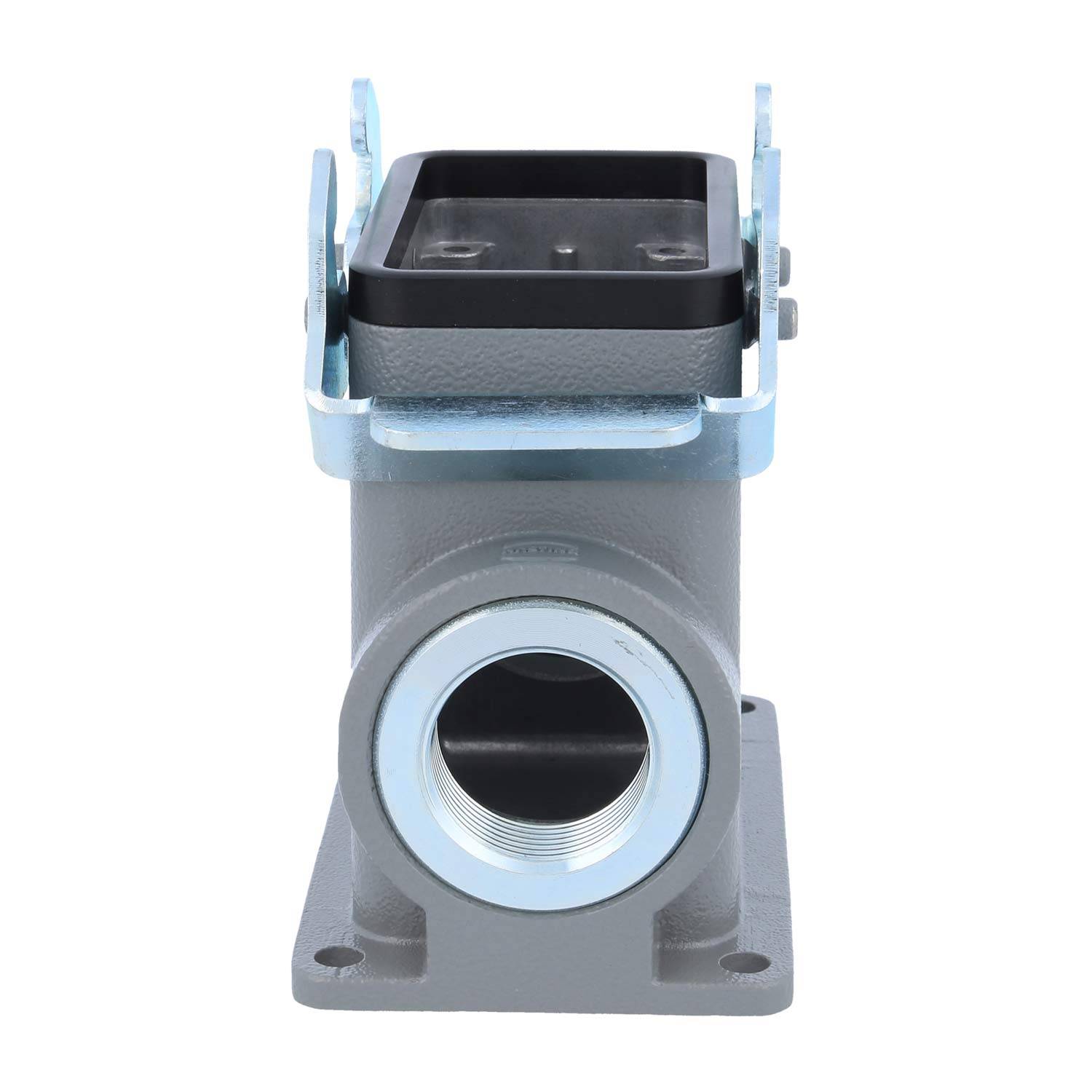 Metallische Industriearmatur mit einem rechteckigen Deckel und einer kreisförmigen Frontöffnung, verwendet zur Steuerung des Fluidflusses in Rohrleitungssystemen.