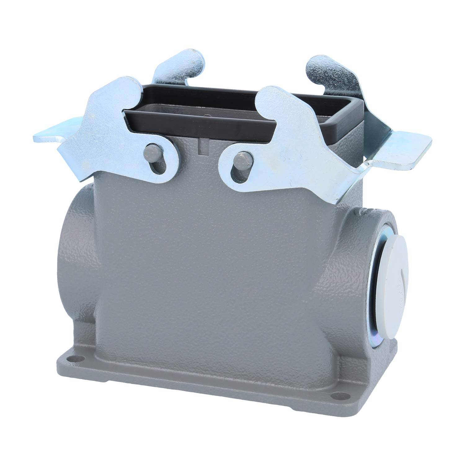 Industrielle Metallkomponente mit einer rechteckigen Öffnung und zwei hervorstehenden, gegenläufigen Metallklammern an beiden Seiten zur sicheren Verriegelung.