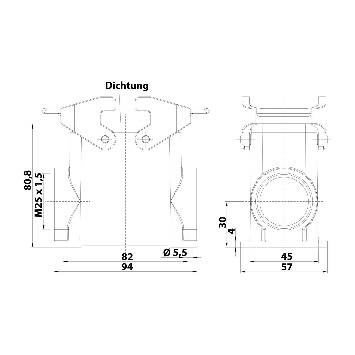 Technische Zeichnung eines mechanischen Teils mit der Bezeichnung 'Dichtung'. Abmessungen: Höhe 80,8, Breite 94 und Innendurchmesser Ø 5,5.