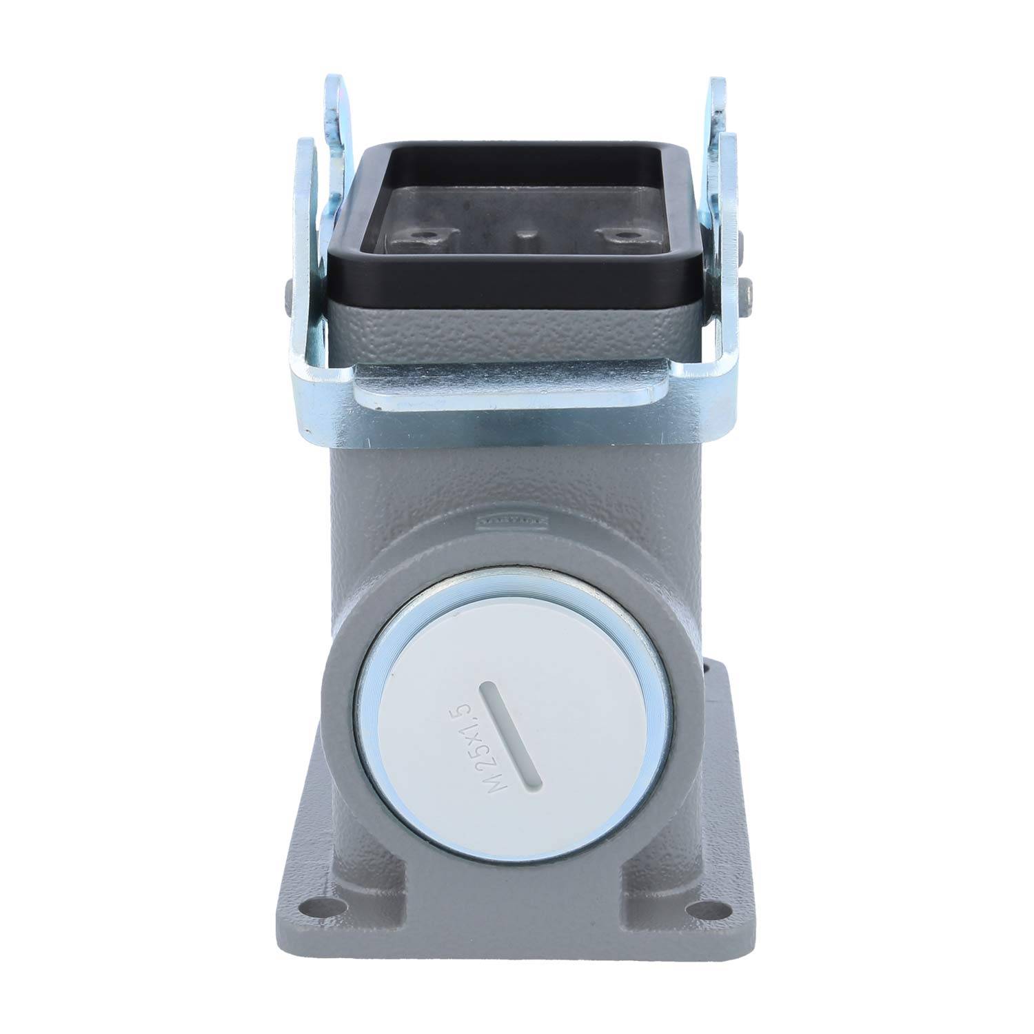 Industrielle Anschlussbuchse in Grau mit einem kreisförmigen Deckel, der mit 'S-VK07K' gekennzeichnet ist, versehen mit einem rechteckigen oberen Rahmen und Montagefuß.