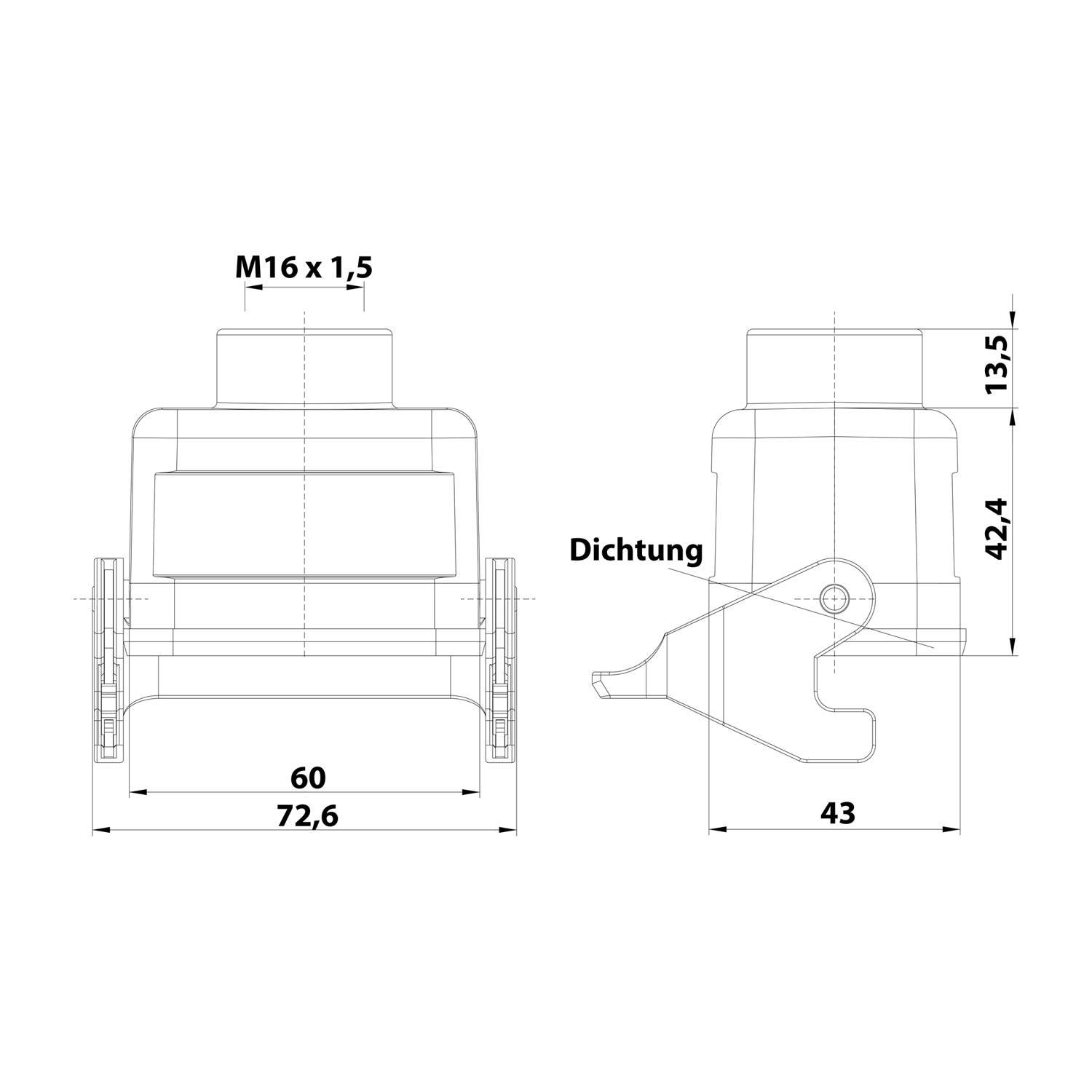 Technische Zeichnung eines mechanischen Bauteils, die Vorder- und Seitenansicht mit beschrifteten Abmessungen zeigt: 72,6, 60, 43, 42,4 mm und M16 x 1,5.