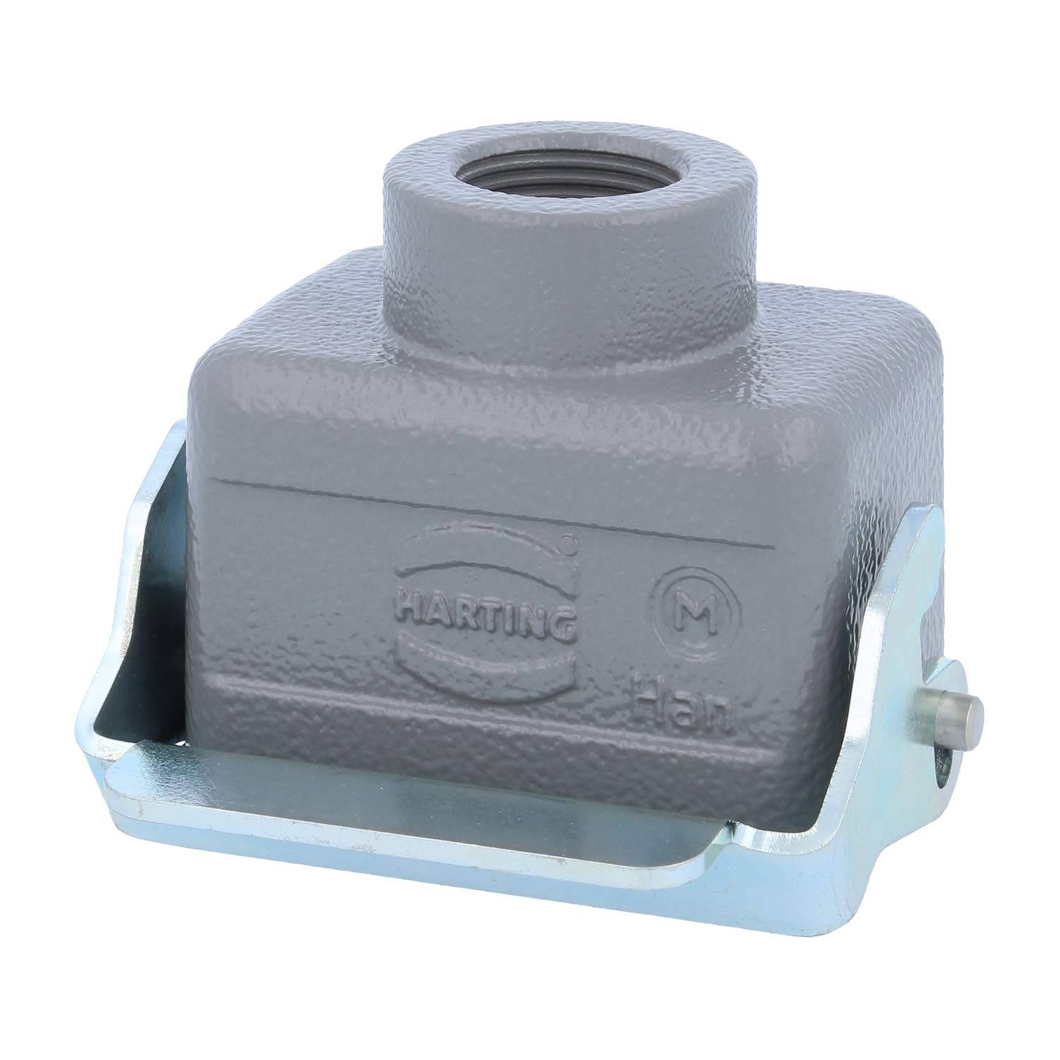 Ein graues elektrisches Anschlussgehäuse mit dem Markennamen 'HARTING', der an der Vorderseite eingeprägt ist, versehen mit einer metallischen Sicherungsklemme an der Basis.