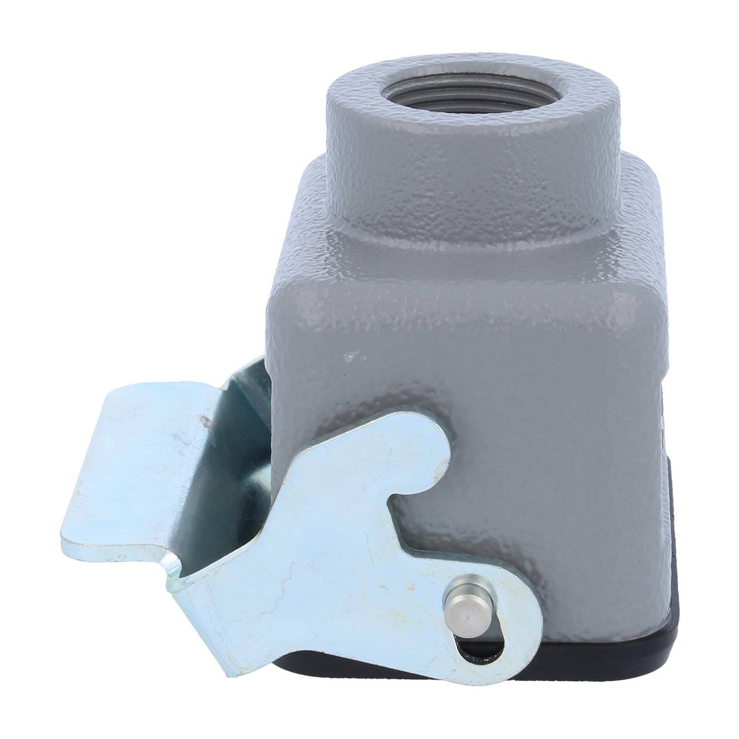 Ein Metallindustrieteil mit einem grauen, quadratischen Körper und einem glänzenden silbernen Griff an seiner Seite.