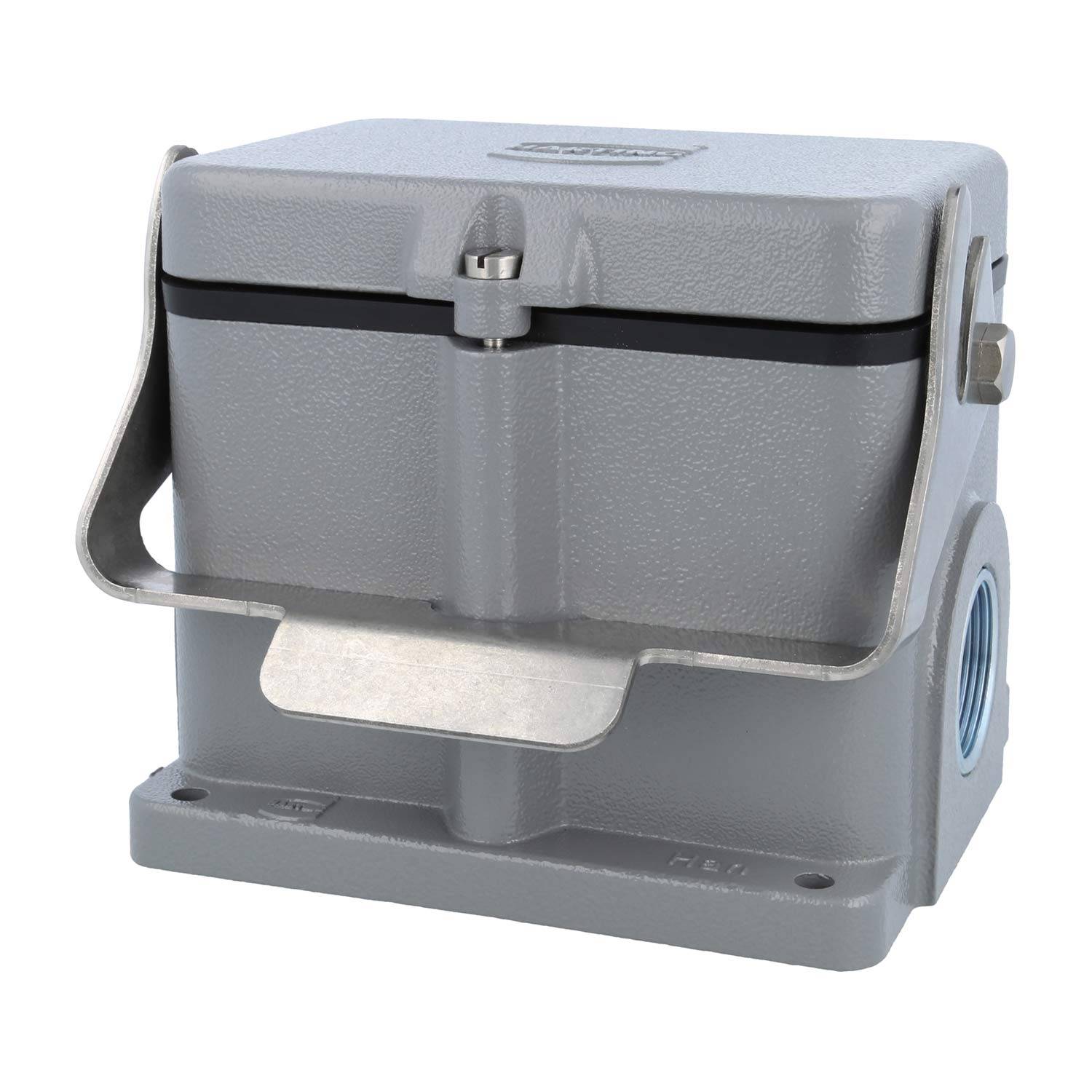 Ein graues industrielles Elektroanschlussgehäuse mit einem Metallhebel zum Verriegeln. Es hat ein robustes Design für sichere Kabelverbindungen.