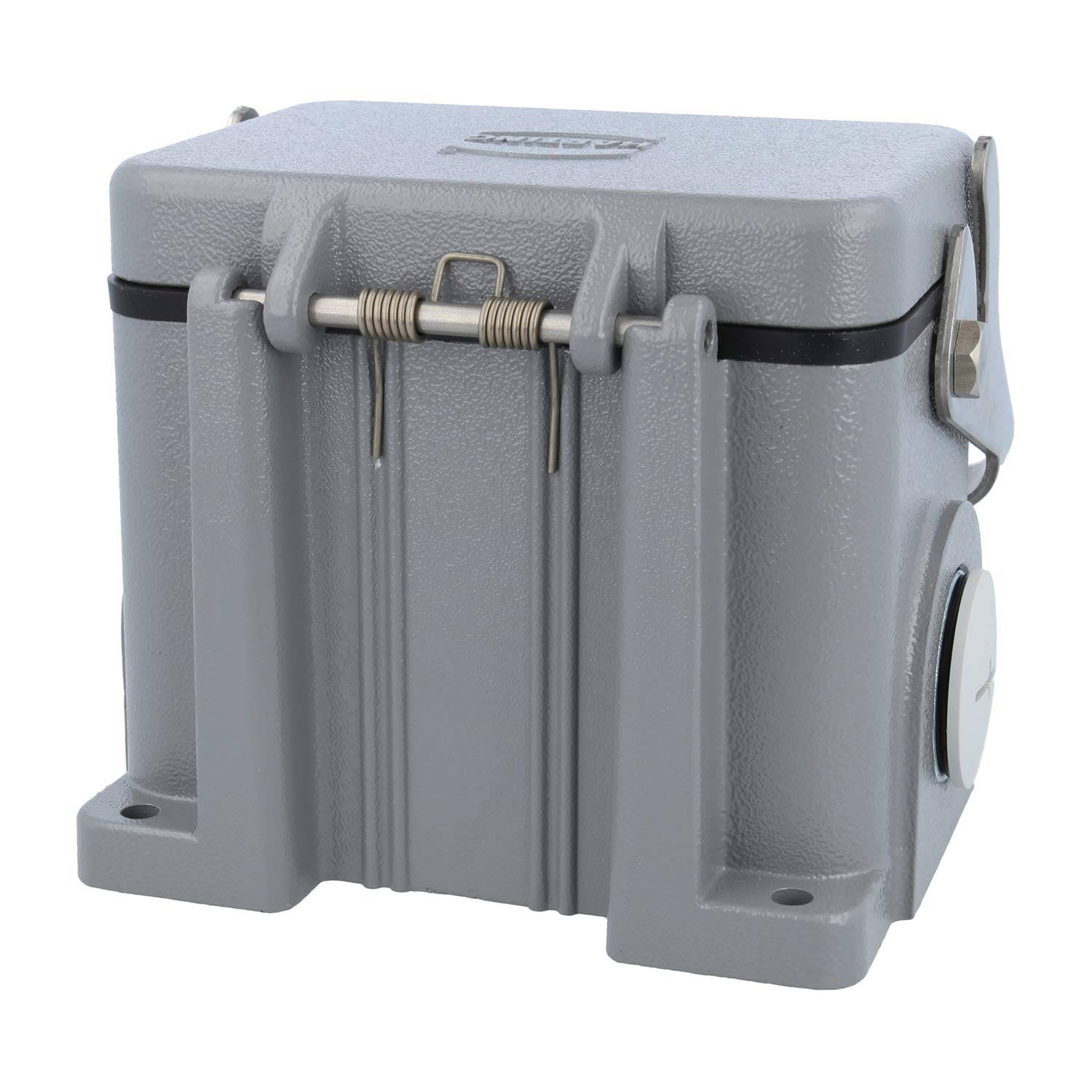 Ein grauer, robuster Außengehäuse mit Metallverschlüssen und einer stabilen Konstruktion, geeignet zum Schutz elektronischer Geräte.