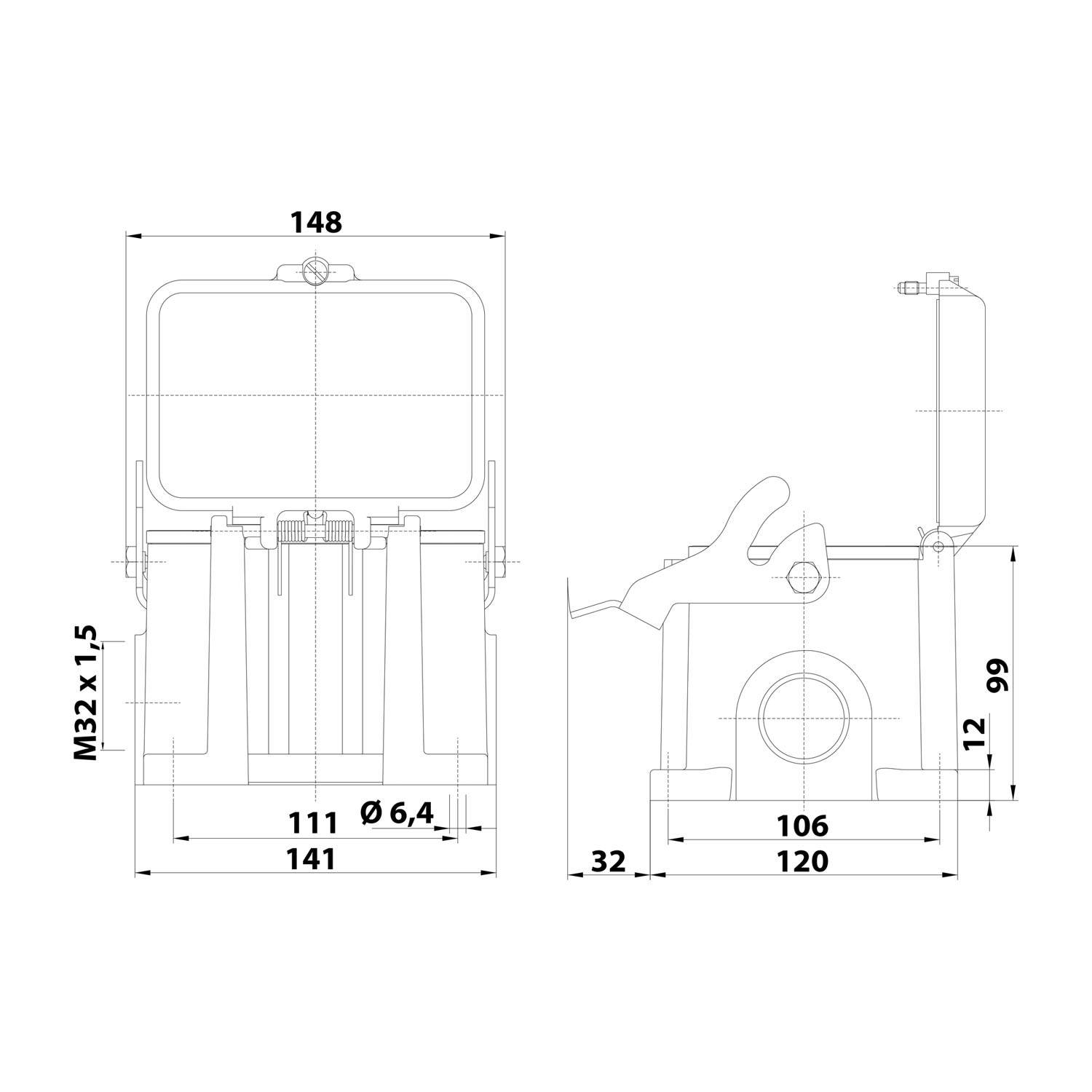 Technische Zeichnung einer mechanischen Komponente mit detaillierten Maßangaben in Millimetern: Höhe 148, Breite 141, Seitentiefe 120.