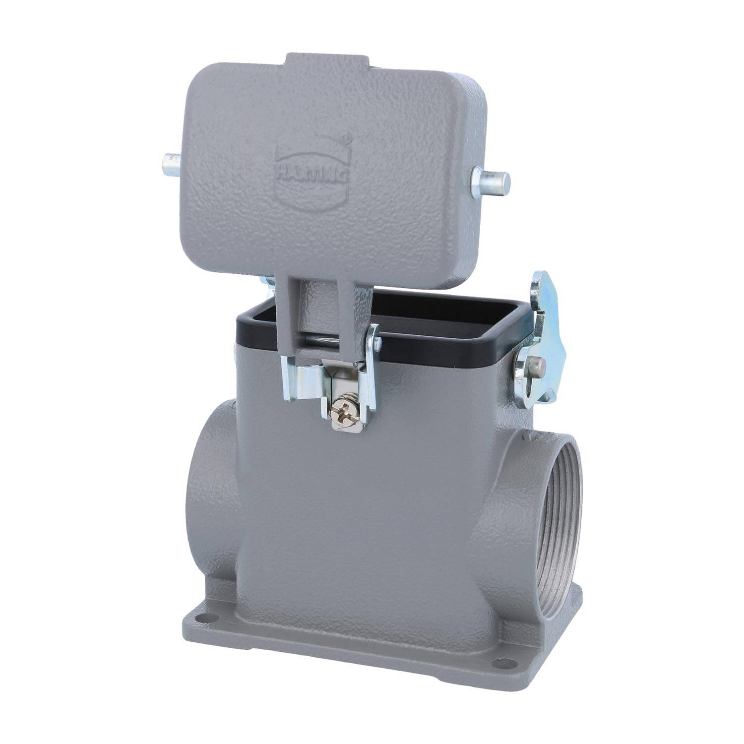 Eine industrielle Metallrohrkonstruktion mit einem rechteckigen Deckel und Verschlussmechanismus wird dargestellt, wahrscheinlich verwendet in Fluidkontrollsystemen.