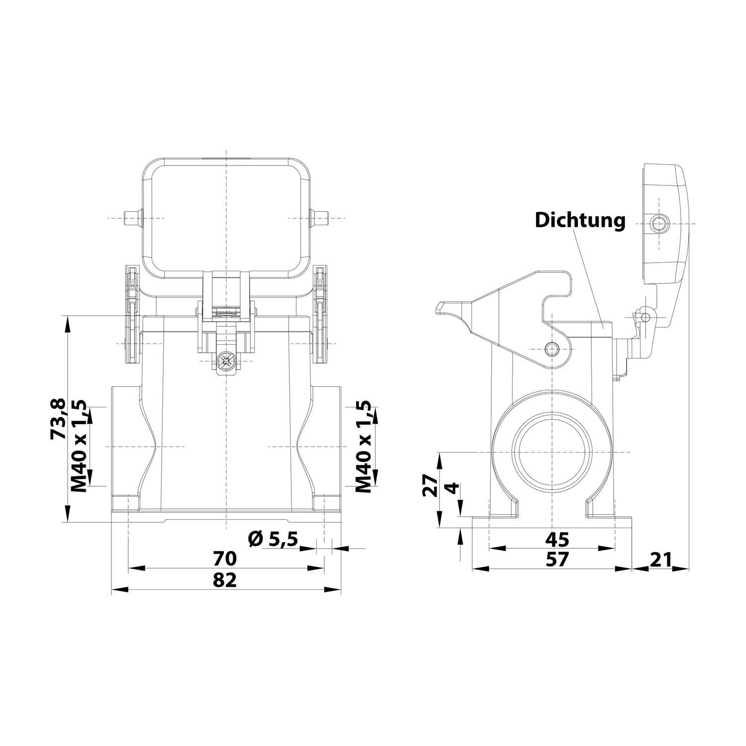 04300062265 HARTING Han 6B Sockelgehäuse hoch, 2xM40 seitlicher Kabelabgang, mit 1 Längsbügel mit Schutzkappe Metall -