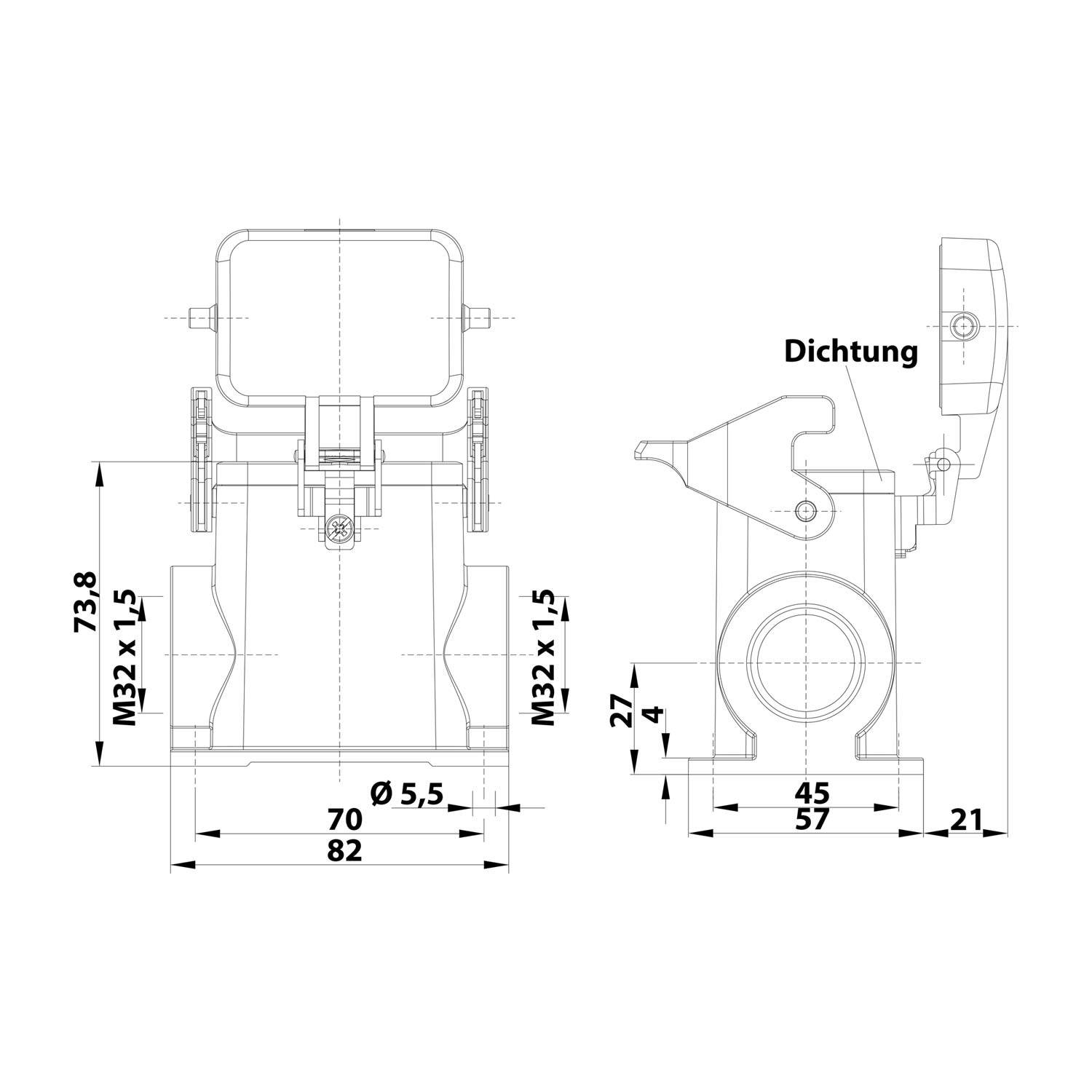 04300062264 HARTING Han 6B Sockelgehäuse hoch, 2xM32 seitlicher Kabelabgang, mit 1 Längsbügel mit Schutzkappe Metall -