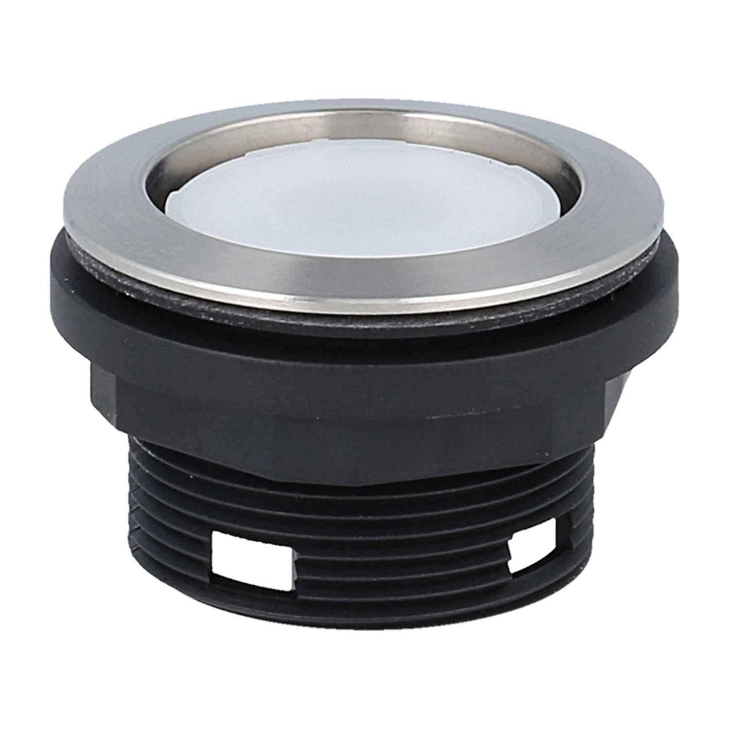 Ein runder, schwarzer und silberner Metalldrucktaster mit glatter Oberfläche, für die Wandmontage konzipiert.