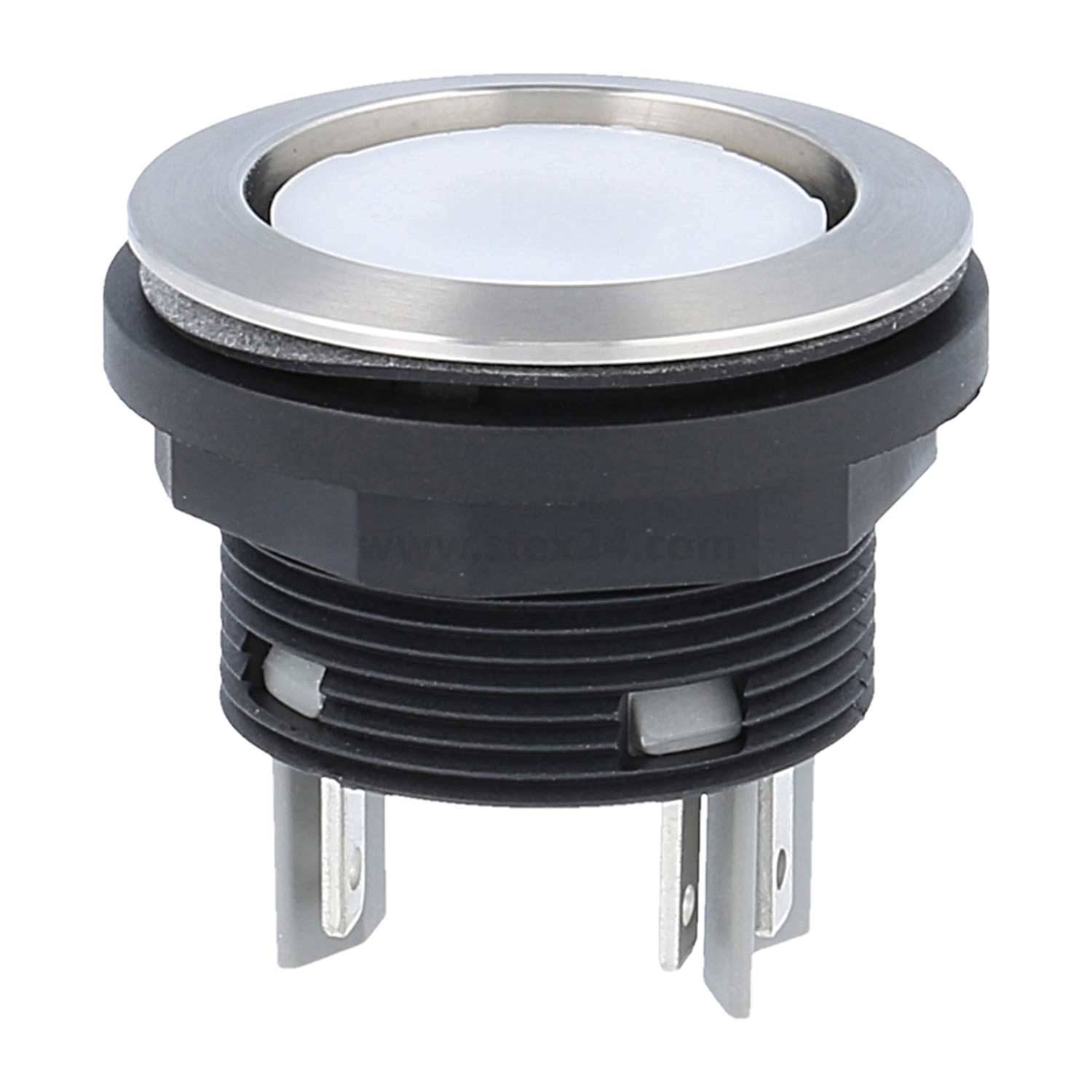 Runder Drucktaster mit metallischer Einfassung und drei Metallanschlüssen für elektrische Verbindungen, konzipiert für Geräte-Bedienfelder.