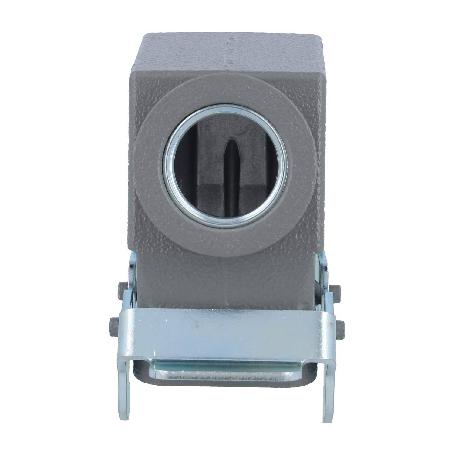 Rechteckige Metallhalterung mit einer kreisförmigen Öffnung und Metallfixierungen am unteren Ende, verwendet für Montage- oder Befestigungszwecke.