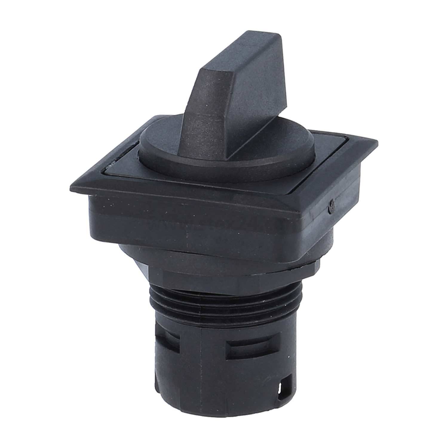 Drehschalter mit einem schwarzen Kunststoffknopf und quadratischer Basis, konzipiert für elektronische Geräte zur Steuerung verschiedener Funktionen.